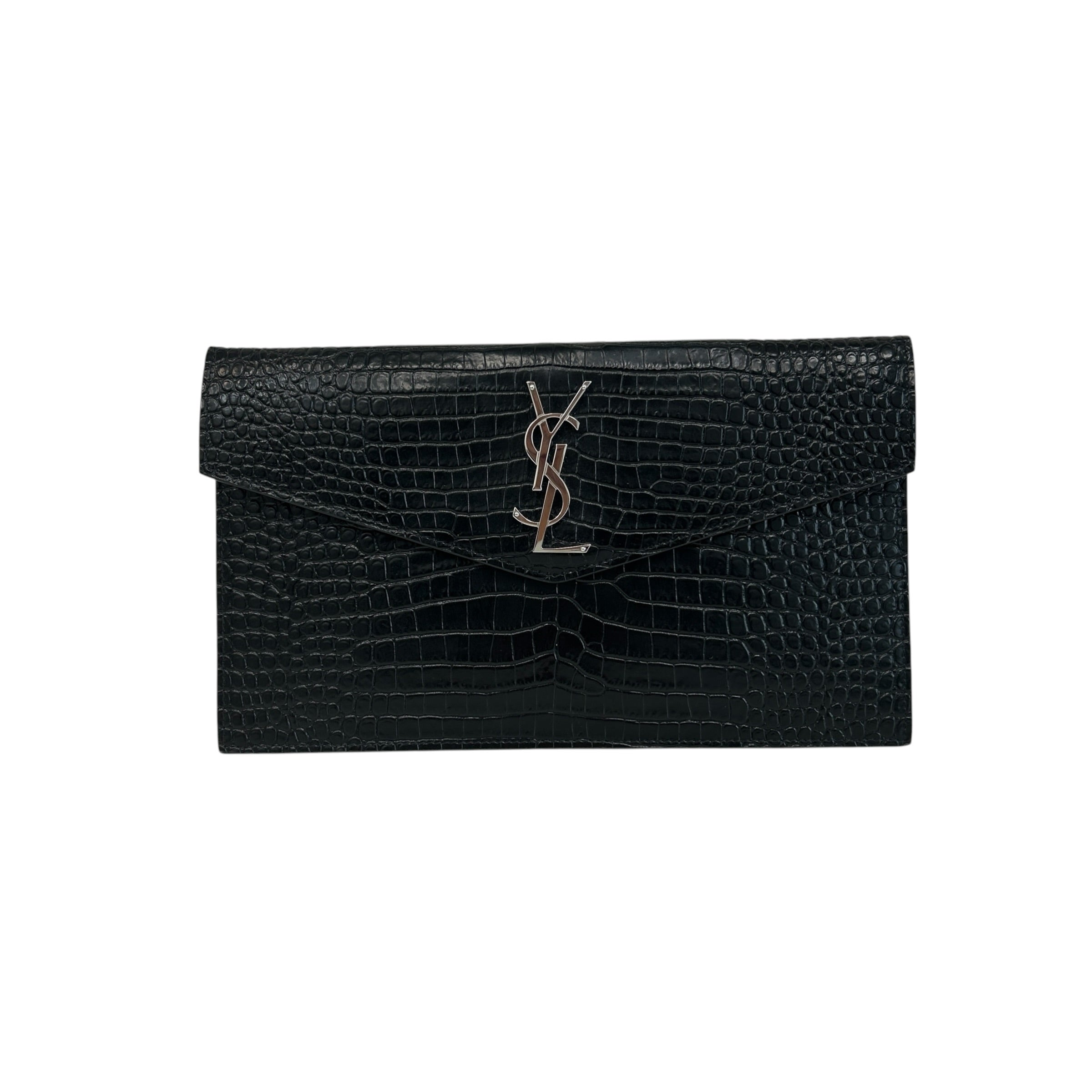 Black Crocodile Embossed Shiny Leather Uptown Pouch w/SHW