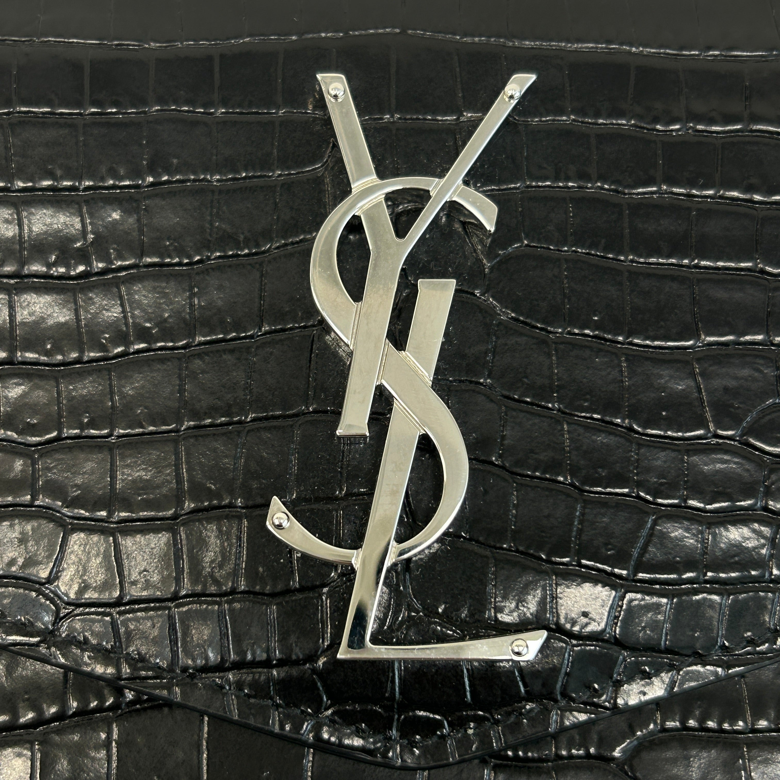 Black Crocodile Embossed Shiny Leather Uptown Pouch w/SHW