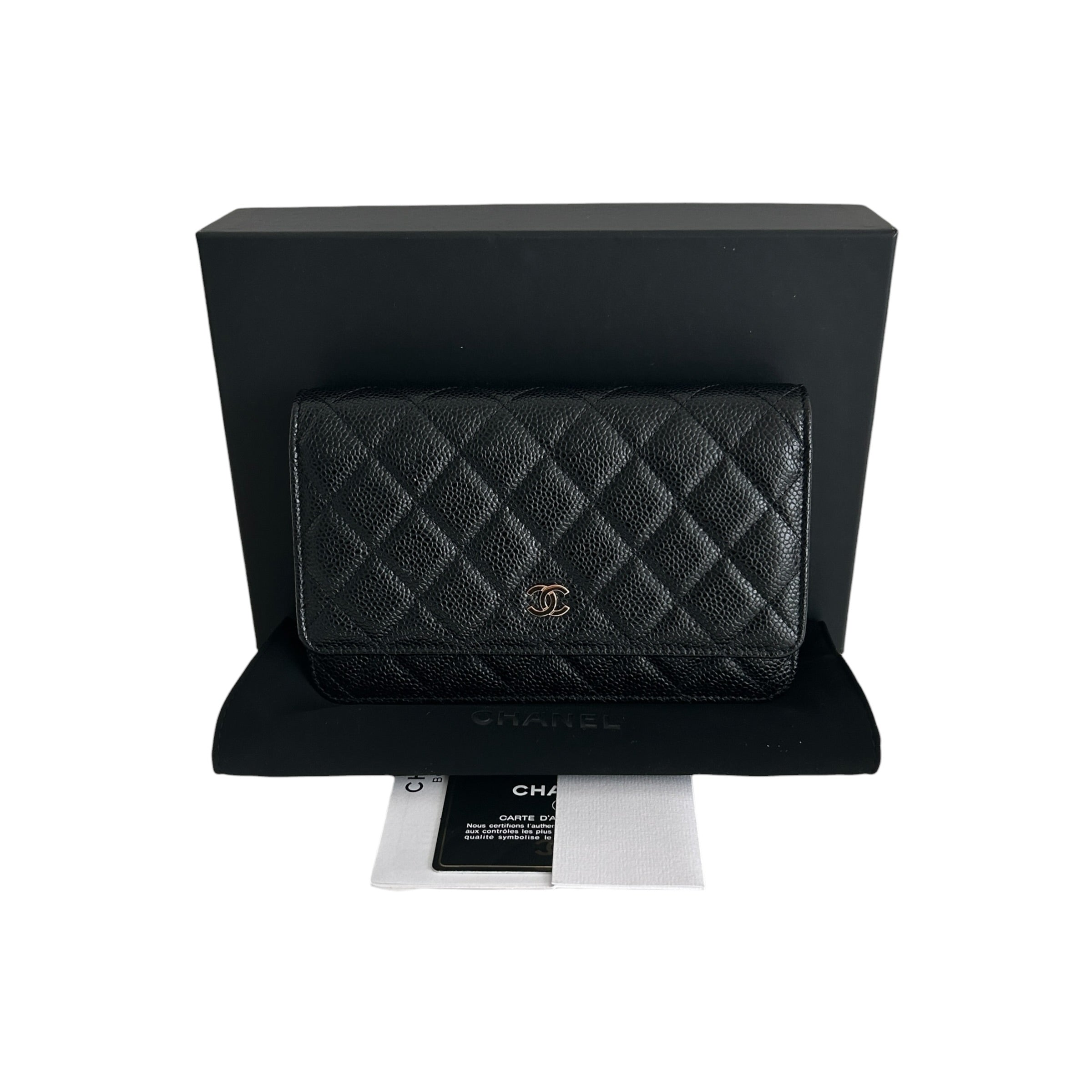 Black Quilted Caviar Leather Classic Wallet on Chain Bag w/GHW