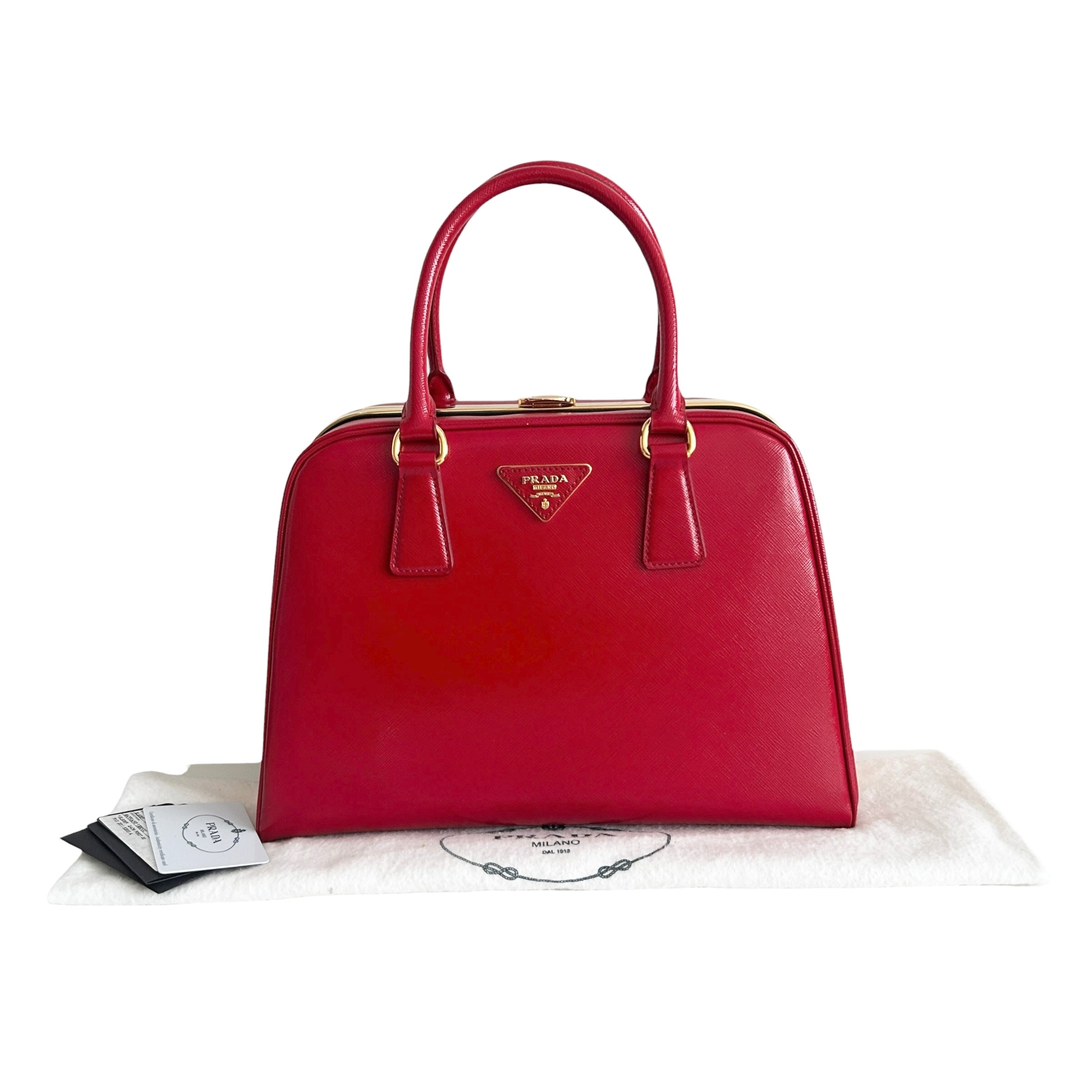 Rosso Saffiano Vernice Leather Frame Top Bag