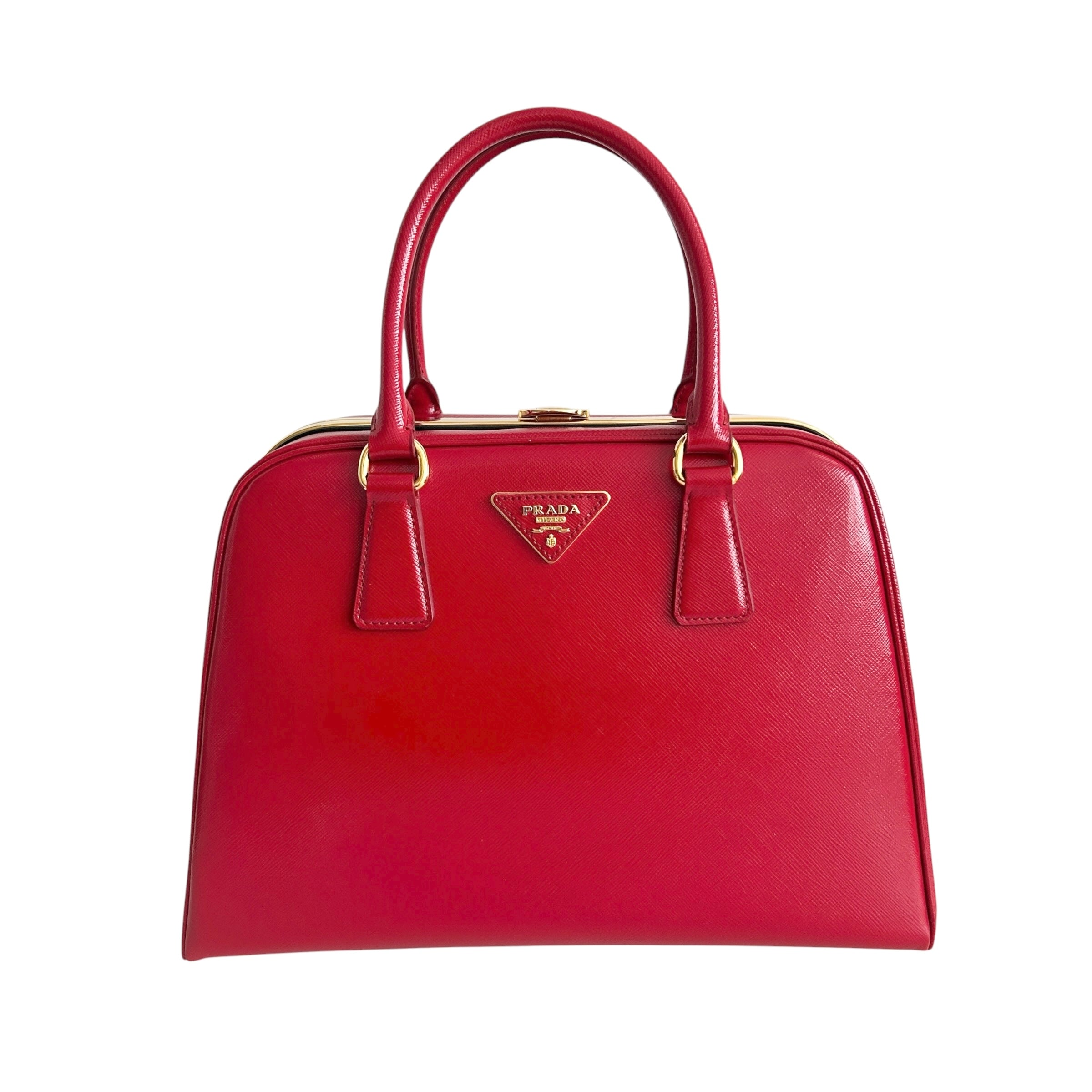 Rosso Saffiano Vernice Leather Frame Top Bag