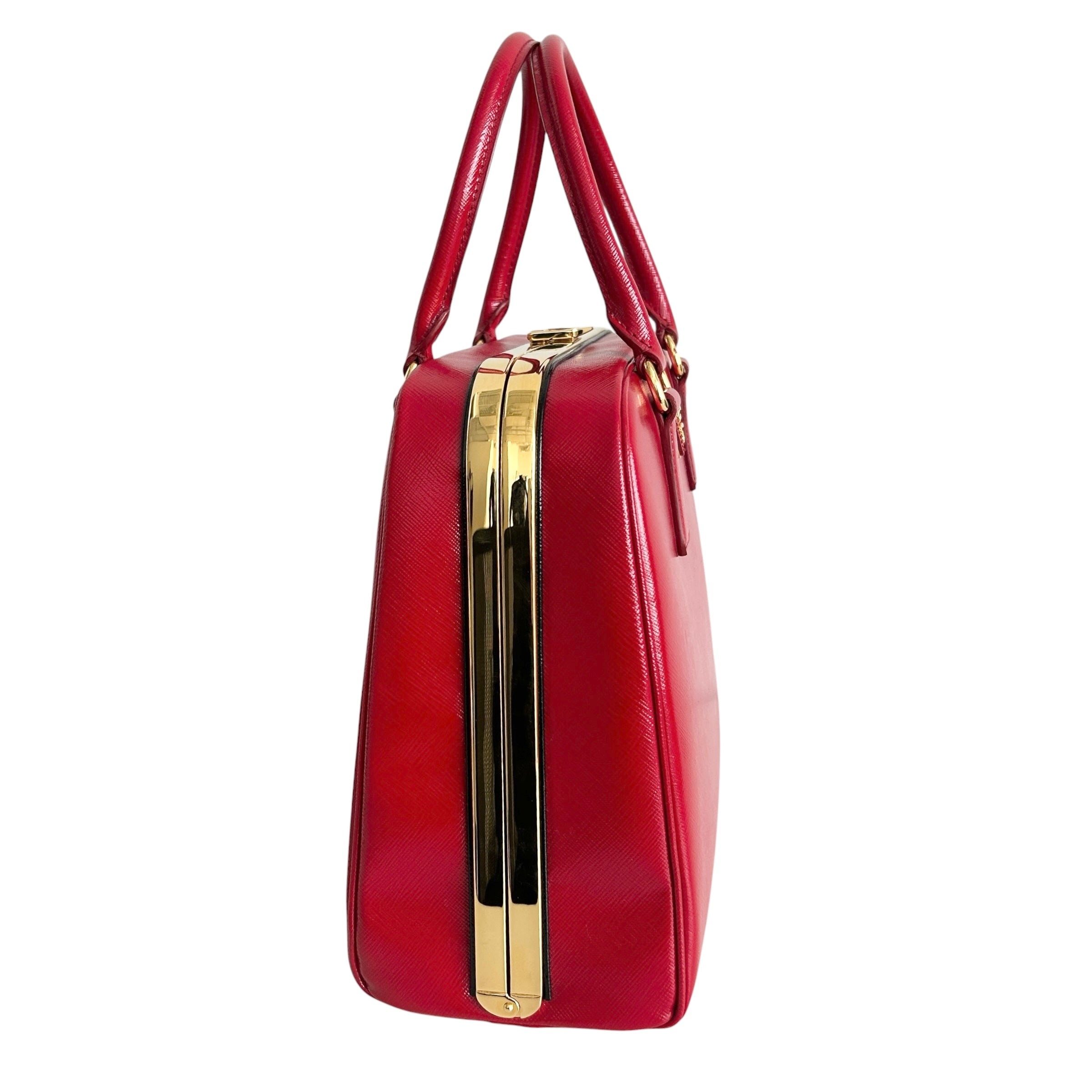 Rosso Saffiano Vernice Leather Frame Top Bag