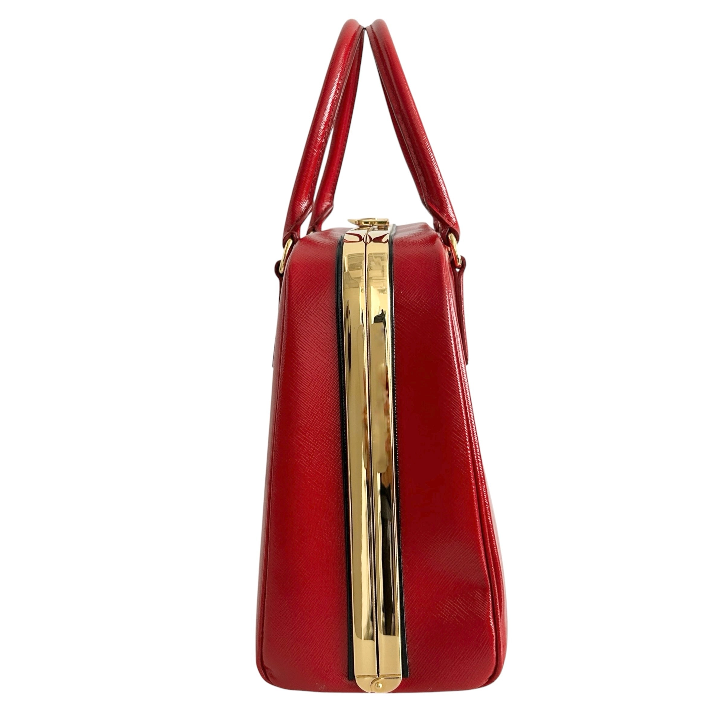 Rosso Saffiano Vernice Leather Frame Top Bag