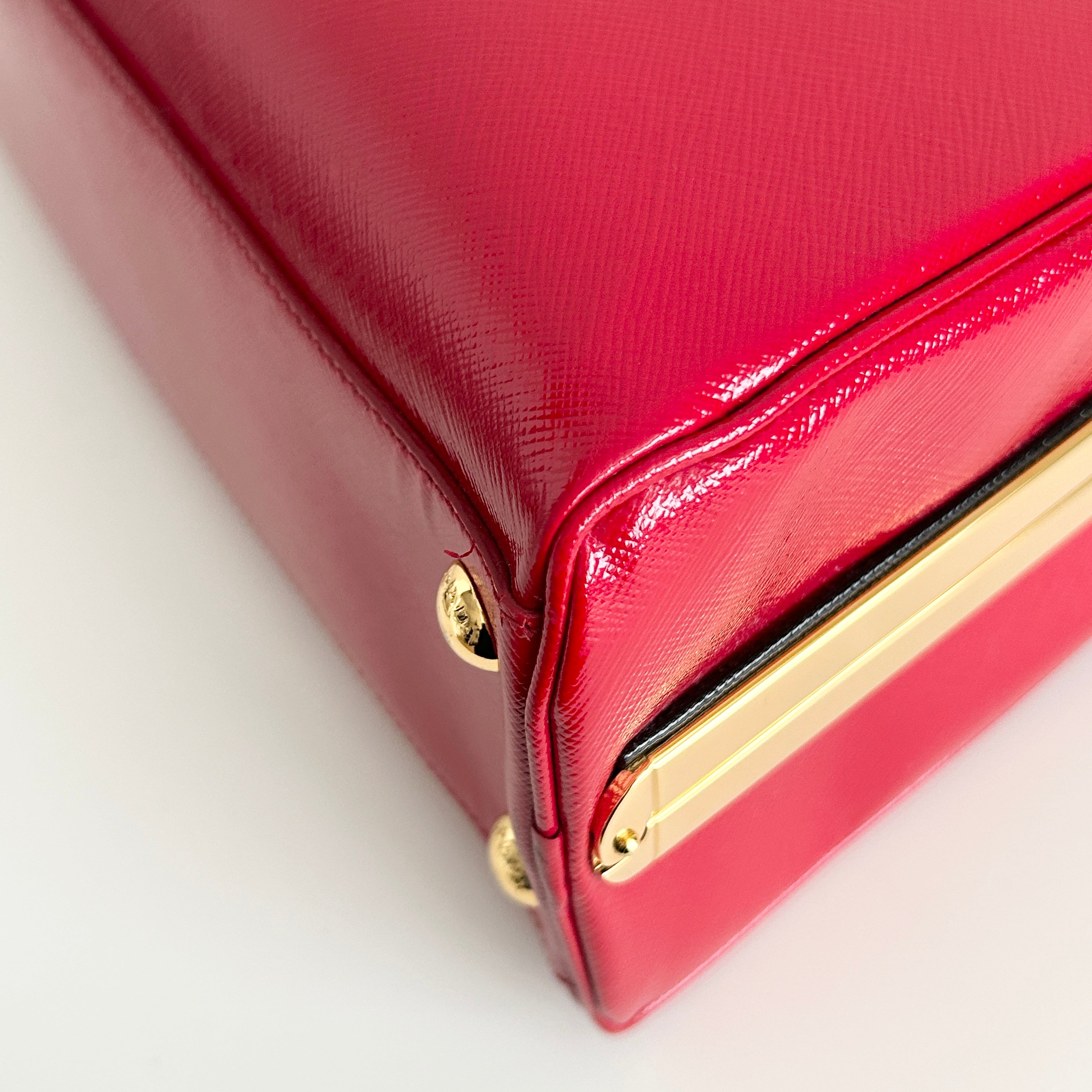 Rosso Saffiano Vernice Leather Frame Top Bag