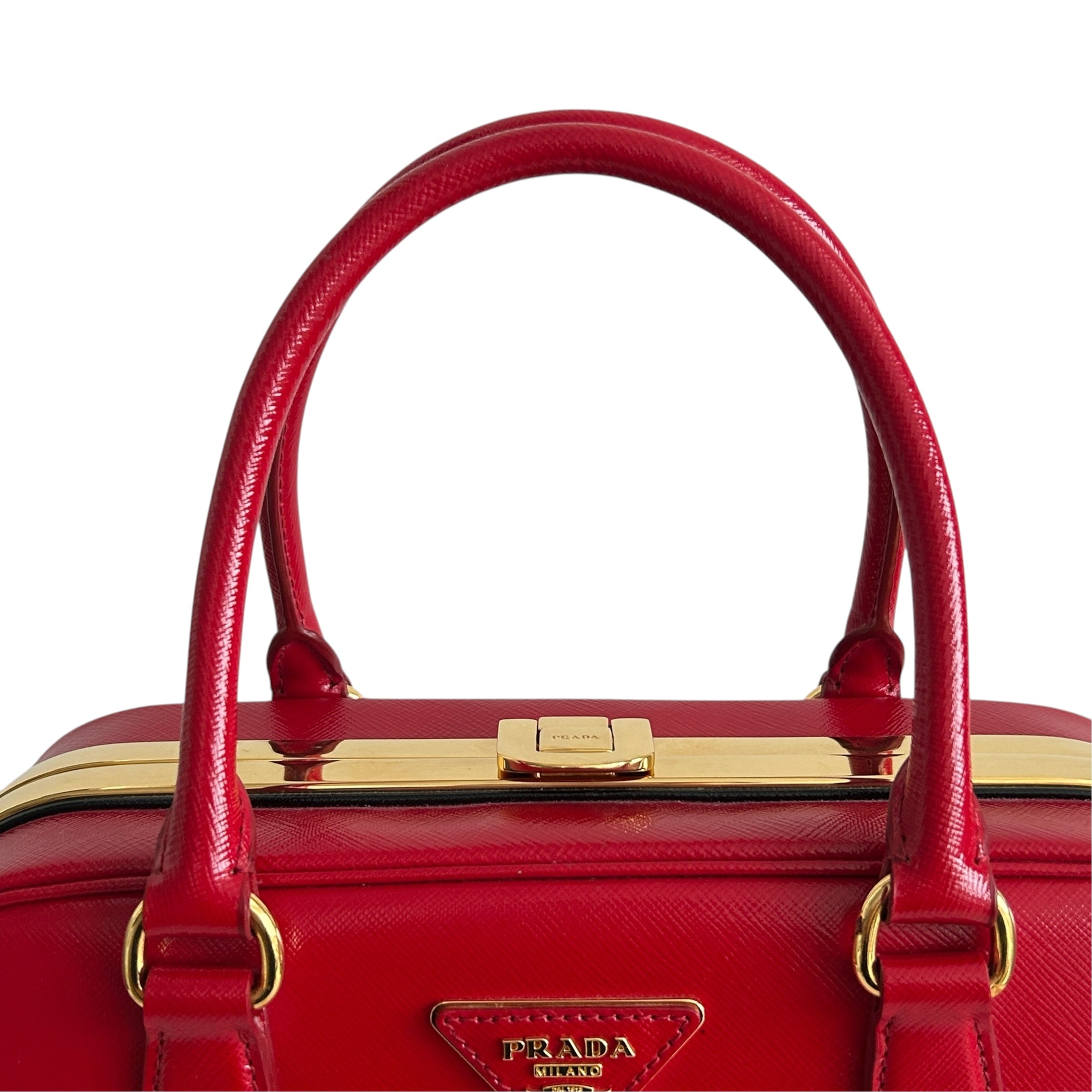 Rosso Saffiano Vernice Leather Frame Top Bag