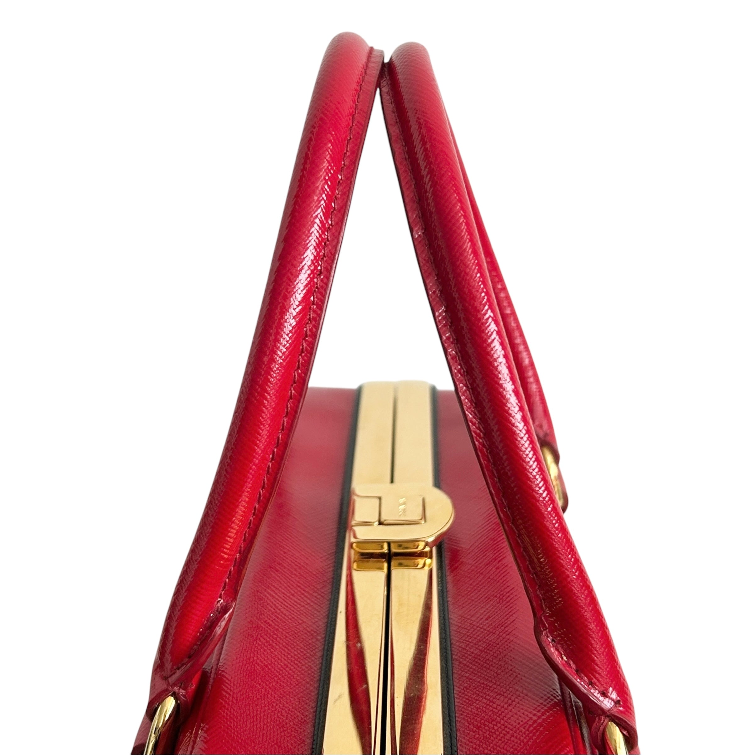 Rosso Saffiano Vernice Leather Frame Top Bag