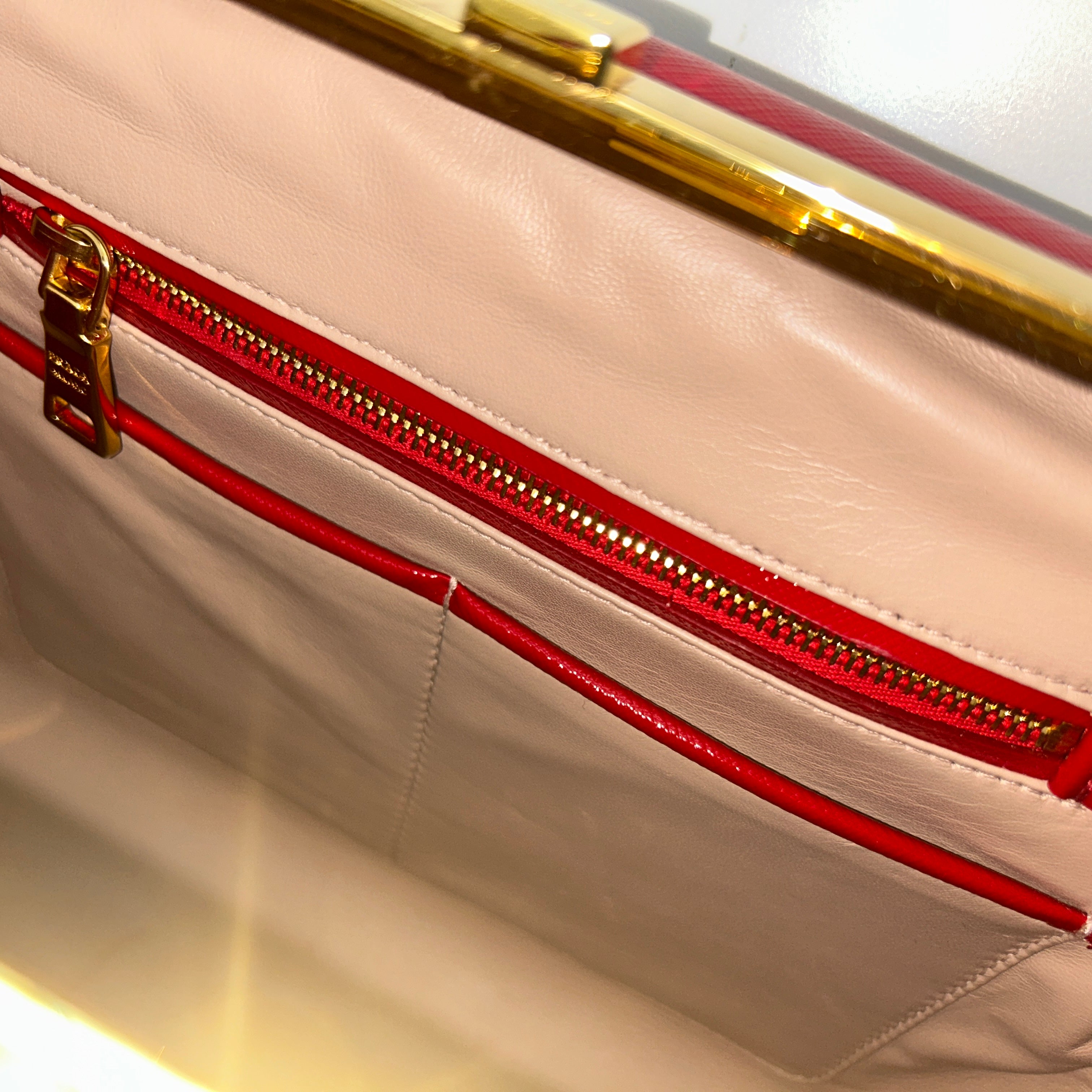 Rosso Saffiano Vernice Leather Frame Top Bag