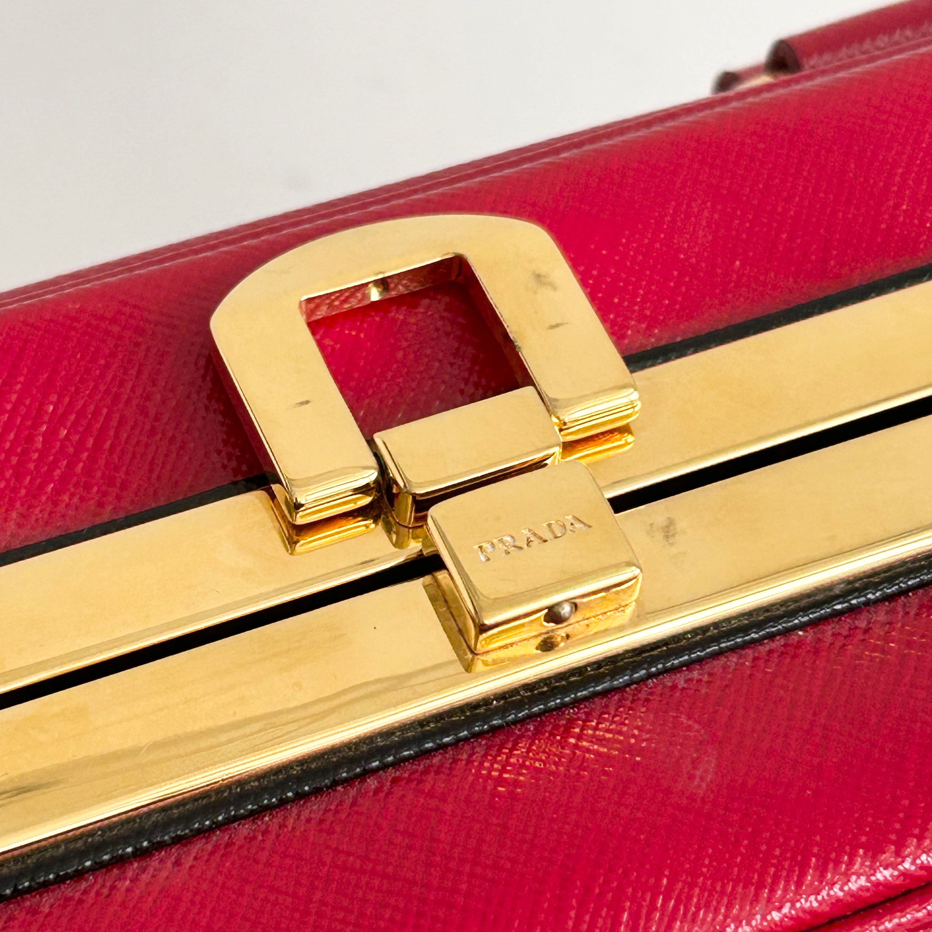 Rosso Saffiano Vernice Leather Frame Top Bag