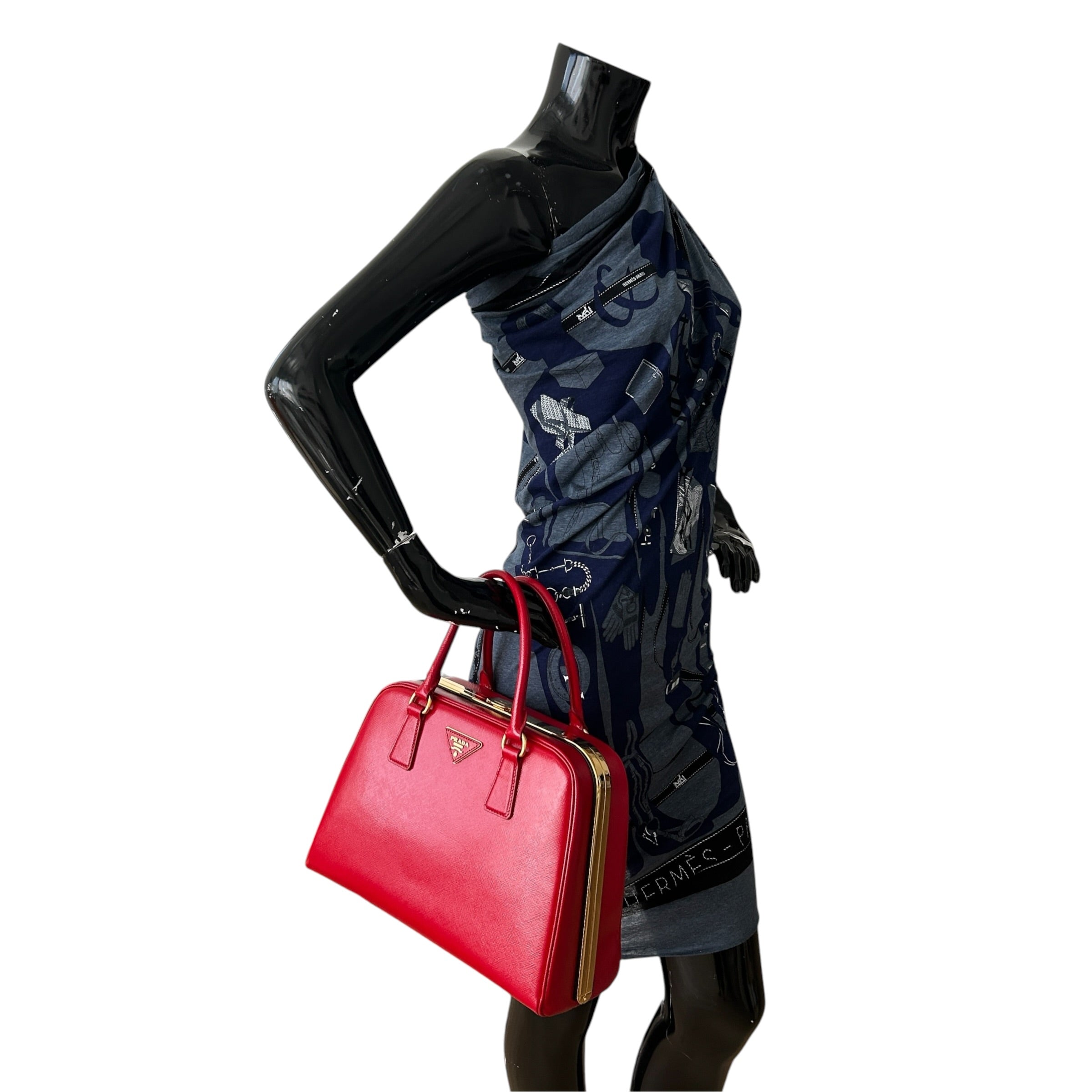 Rosso Saffiano Vernice Leather Frame Top Bag