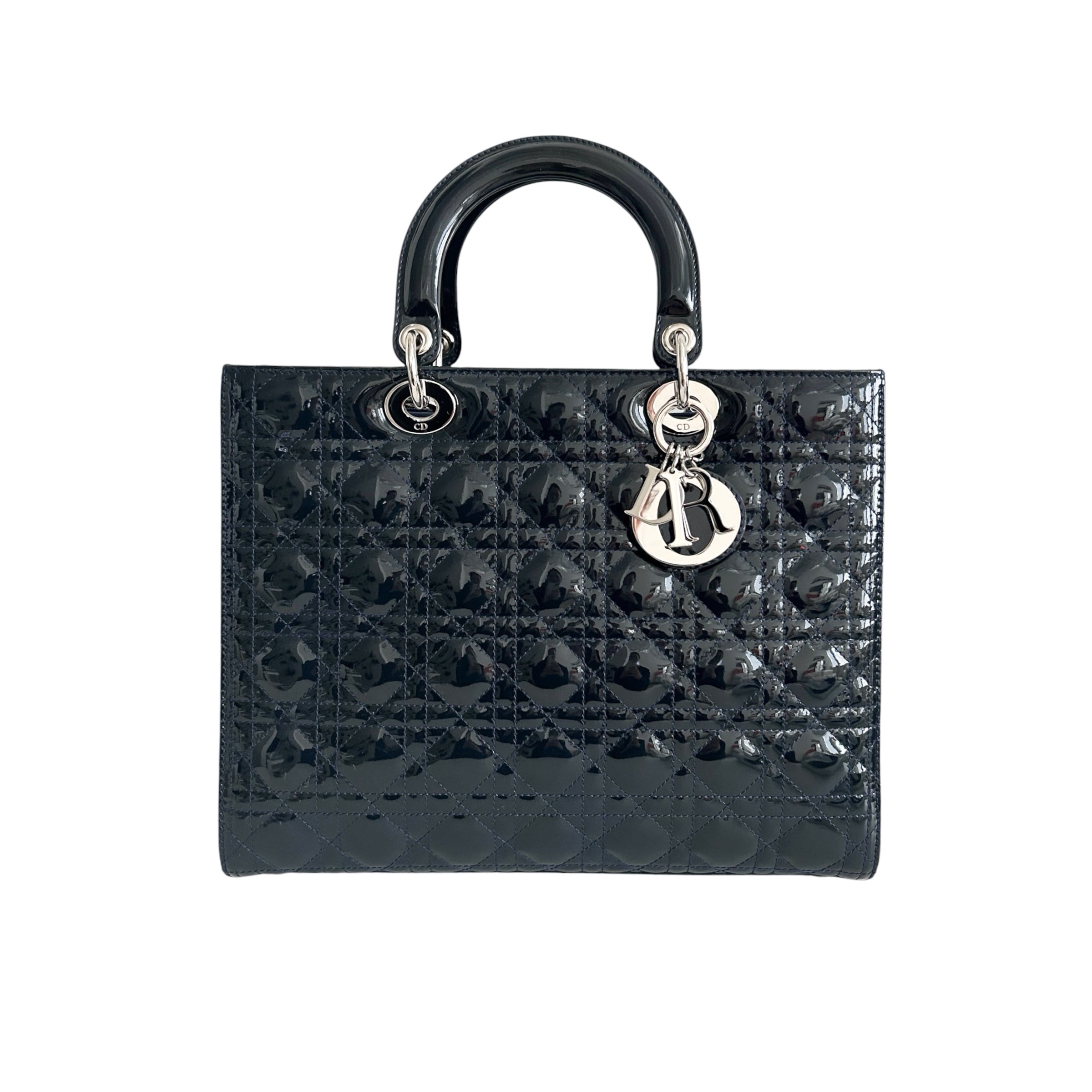 Navy Lady Dior Cannage Patent Leather Large Tote Bag
