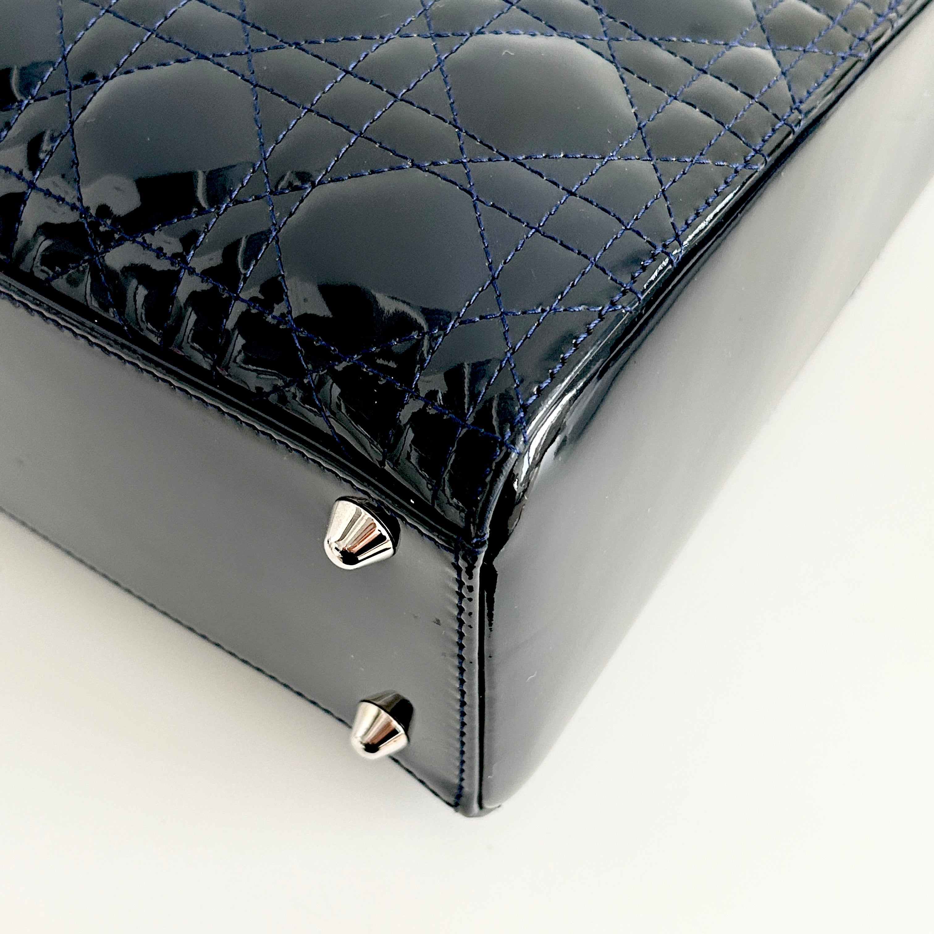 Navy Lady Dior Cannage Patent Leather Large Tote Bag
