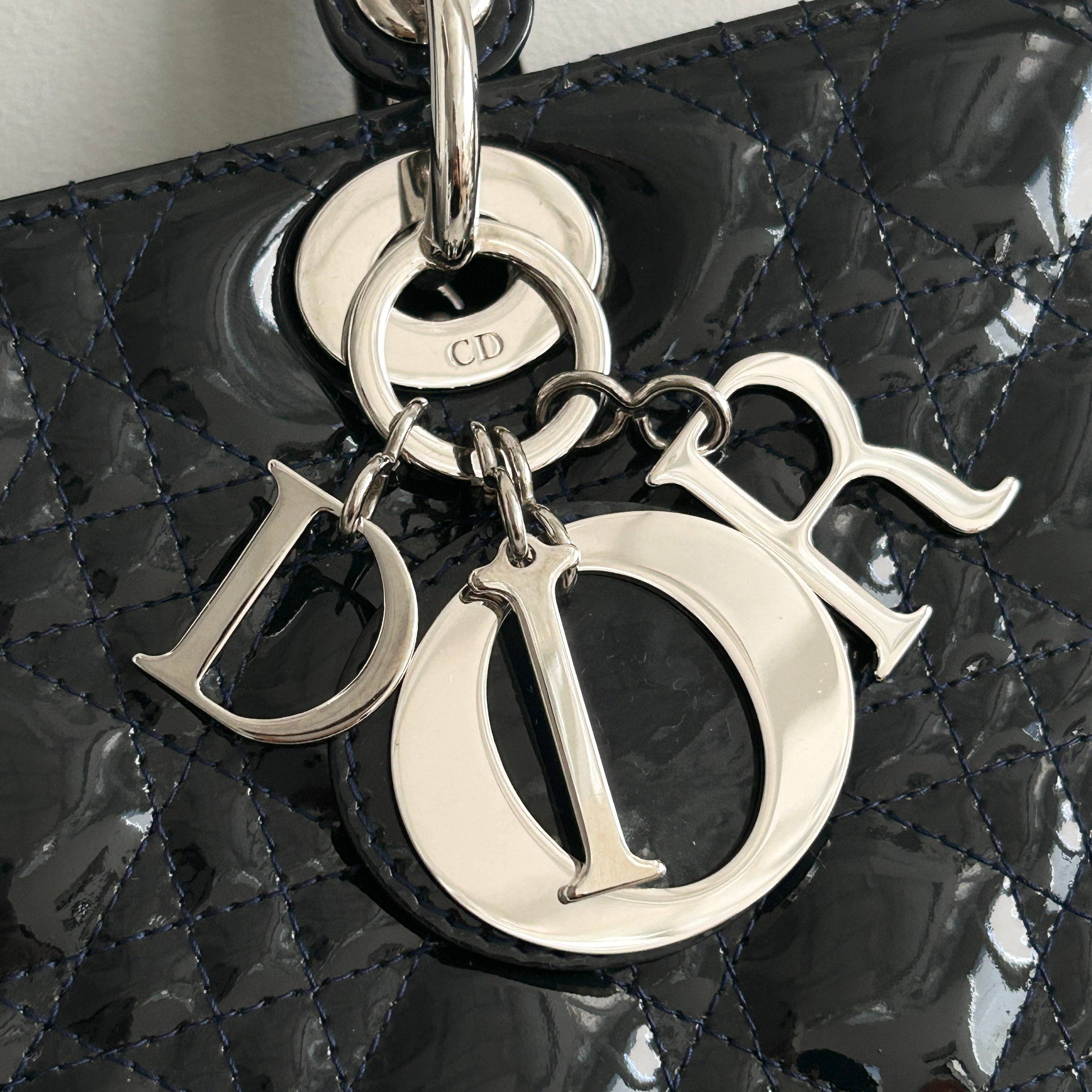 Navy Lady Dior Cannage Patent Leather Large Tote Bag