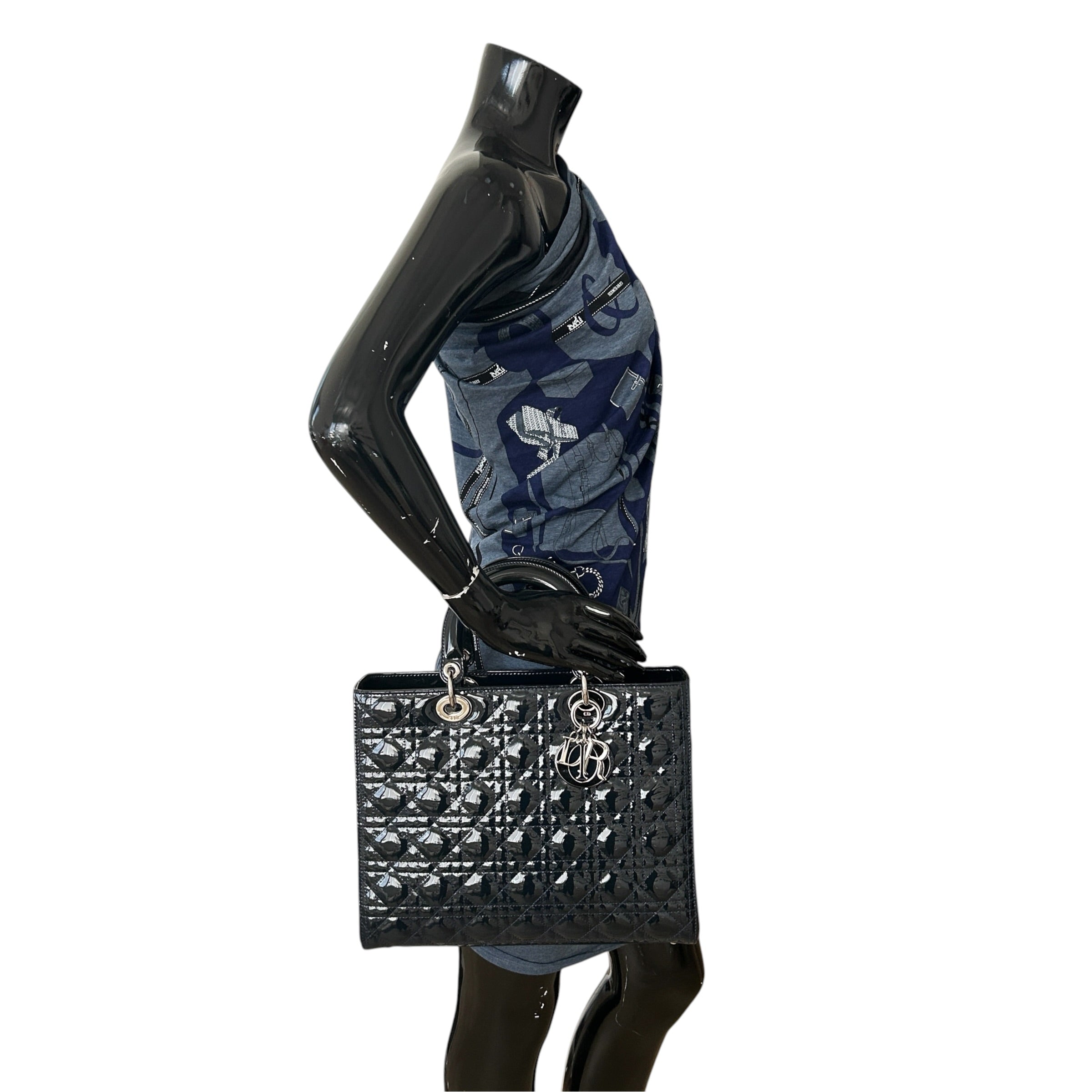 Navy Lady Dior Cannage Patent Leather Large Tote Bag