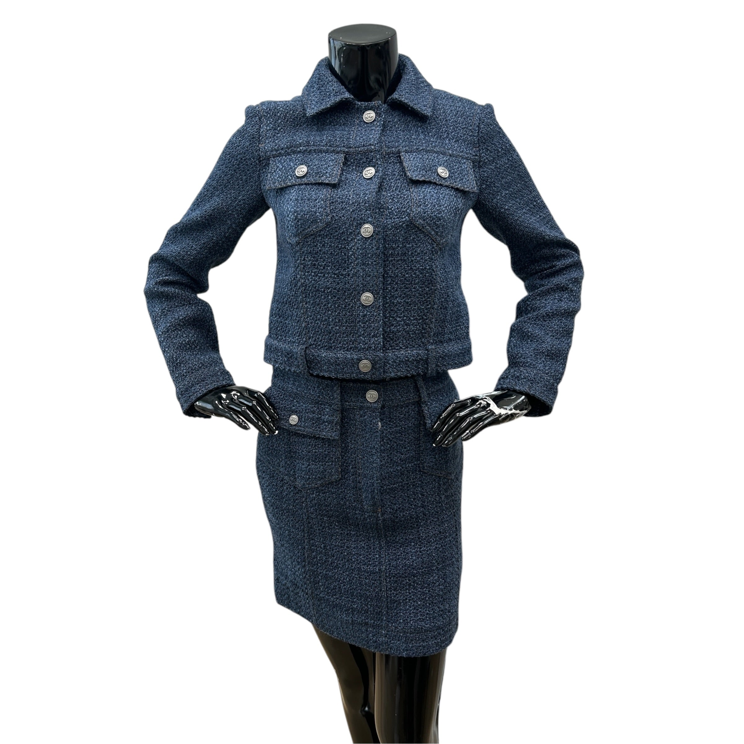 CC Button Blue Tweed Jacket & Skirt Set