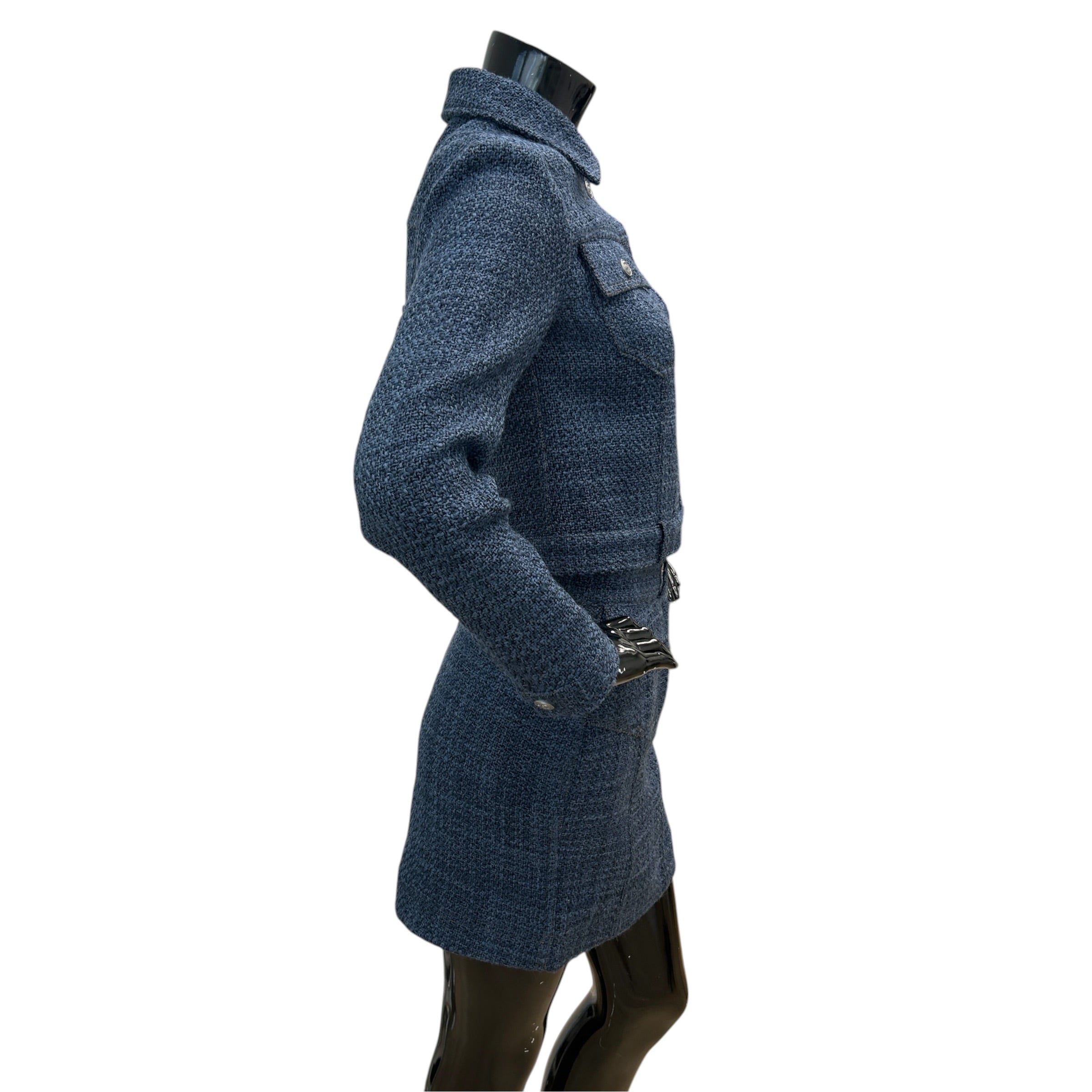 CC Button Blue Tweed Jacket & Skirt Set