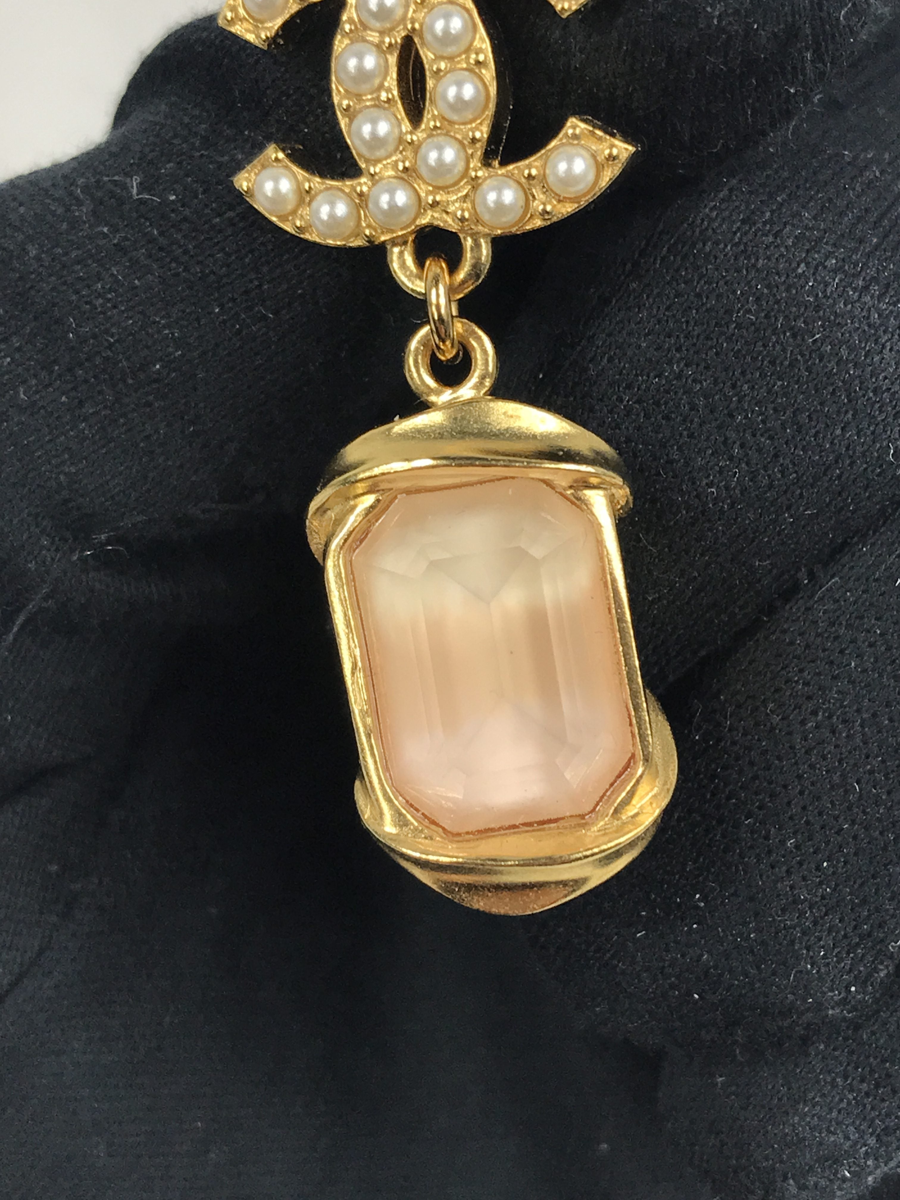 CC Seed Pearl Pink Crystal Emerald Cut Drop Earrings W/GHW