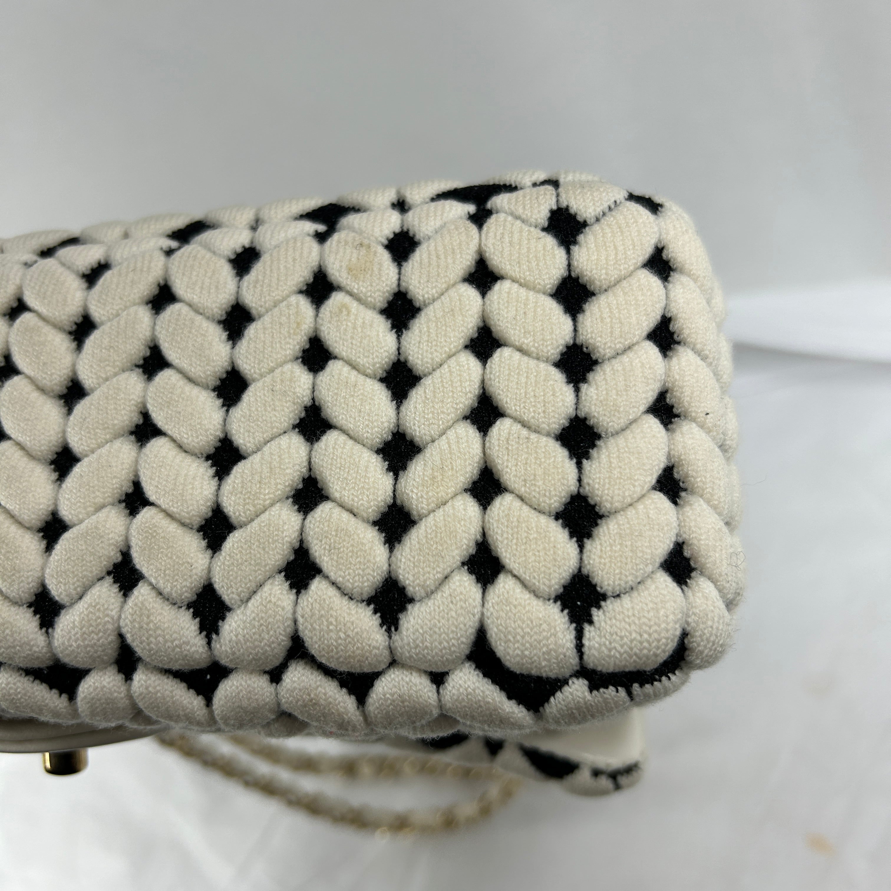 White Knit Wool/Black Calfskin Leather Flap Bag w/GHW