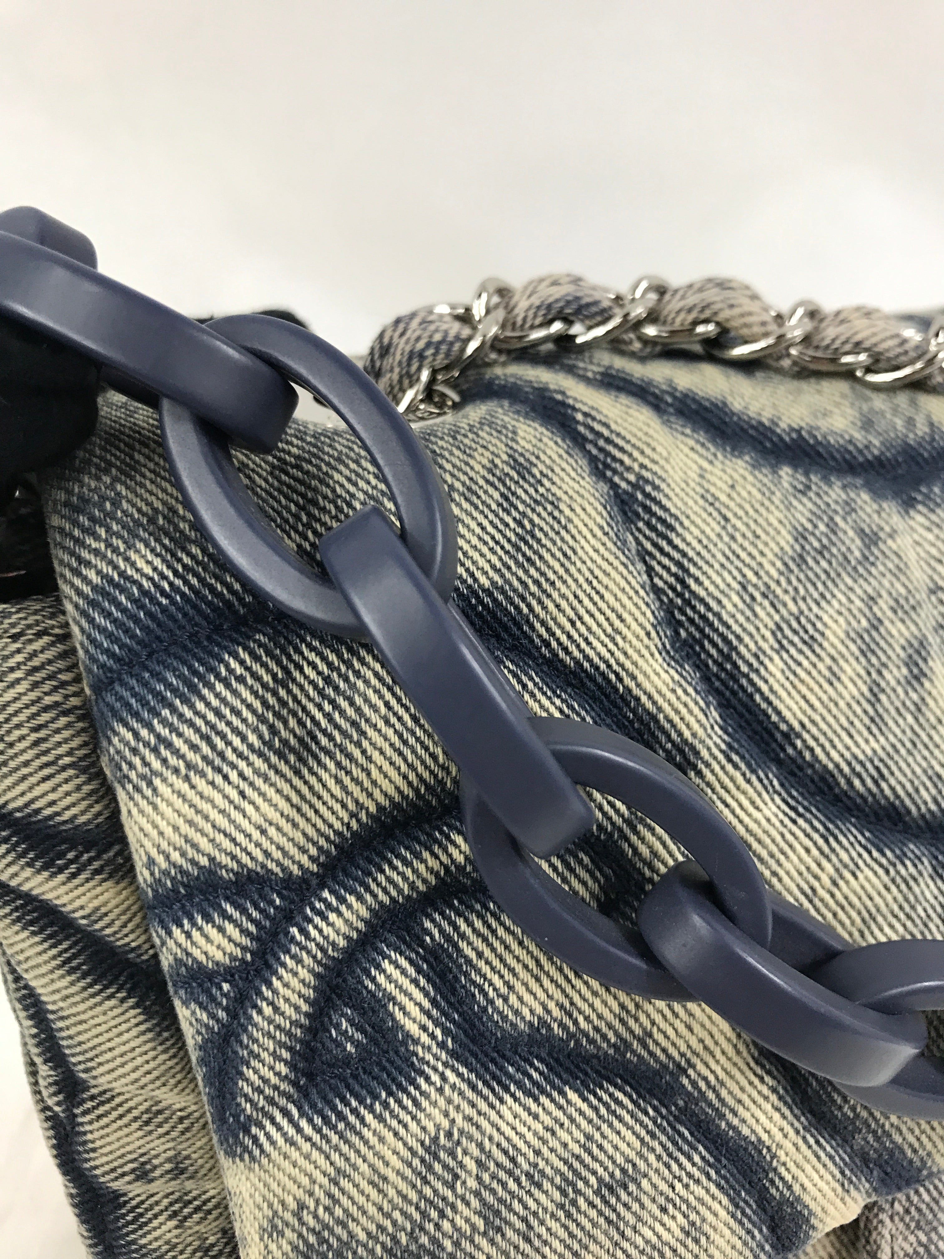 CC Blue Denim Wave Flap Bag w/SHW/ Blue enamel short strap