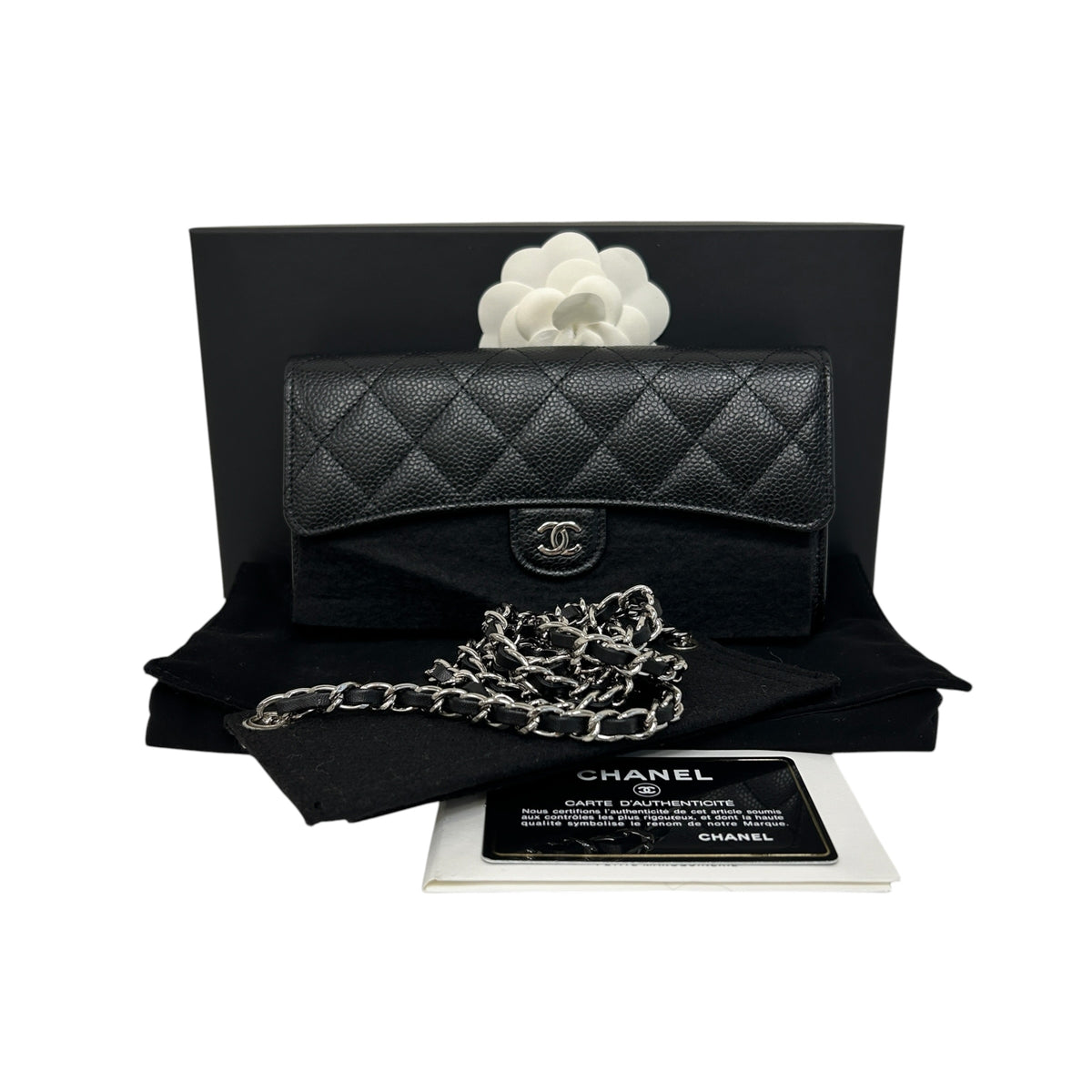 Black Quilted Caviar Leather Classic L Flap Wallet w/SHW
