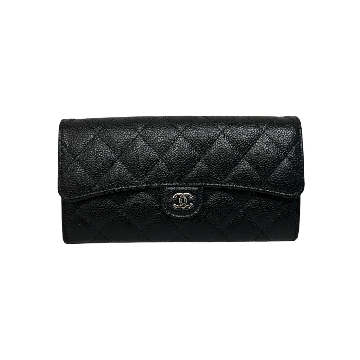 Black Quilted Caviar Leather Classic L Flap Wallet w/SHW