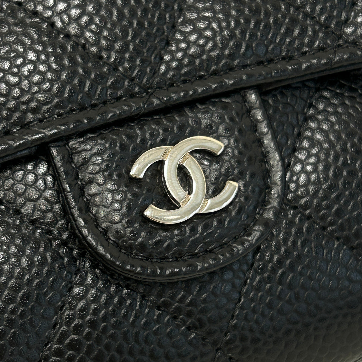 Black Quilted Caviar Leather Classic L Flap Wallet w/SHW