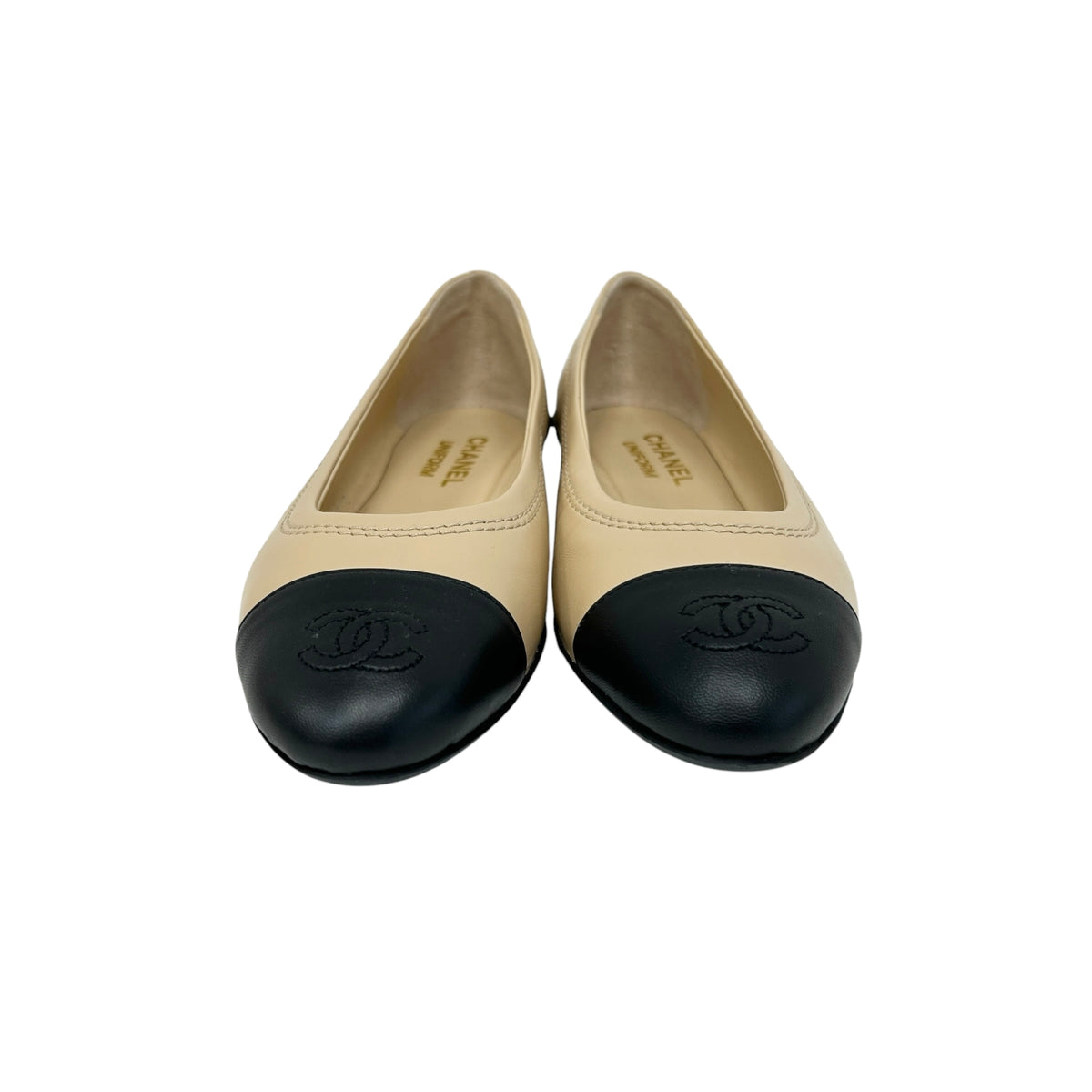 Beige/Black Lambskin Leather CC Ballet Uniform Flats