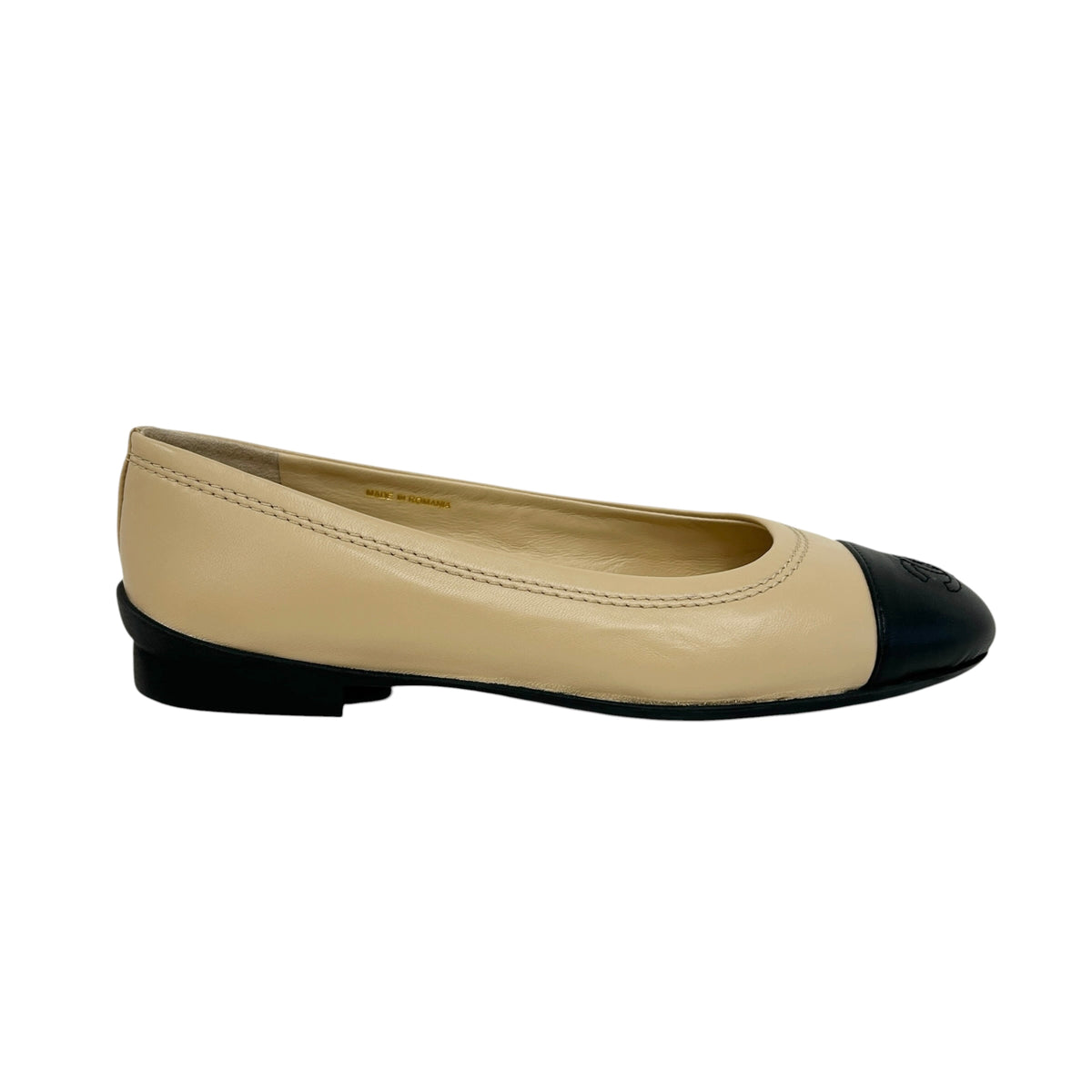 Beige/Black Lambskin Leather CC Ballet Uniform Flats
