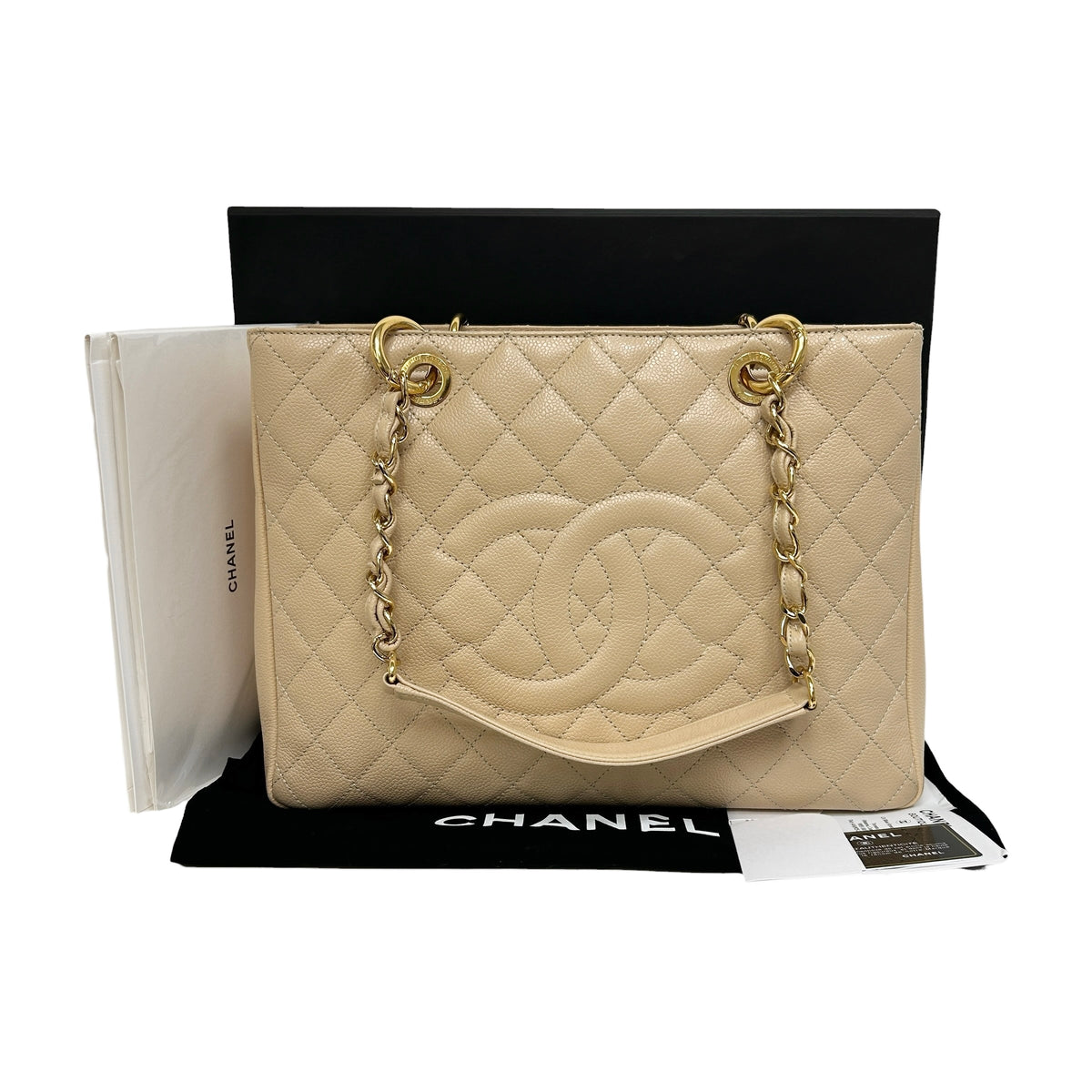 Beige Quilted Caviar Leather Grand Shopping Tote Bag w/GHW