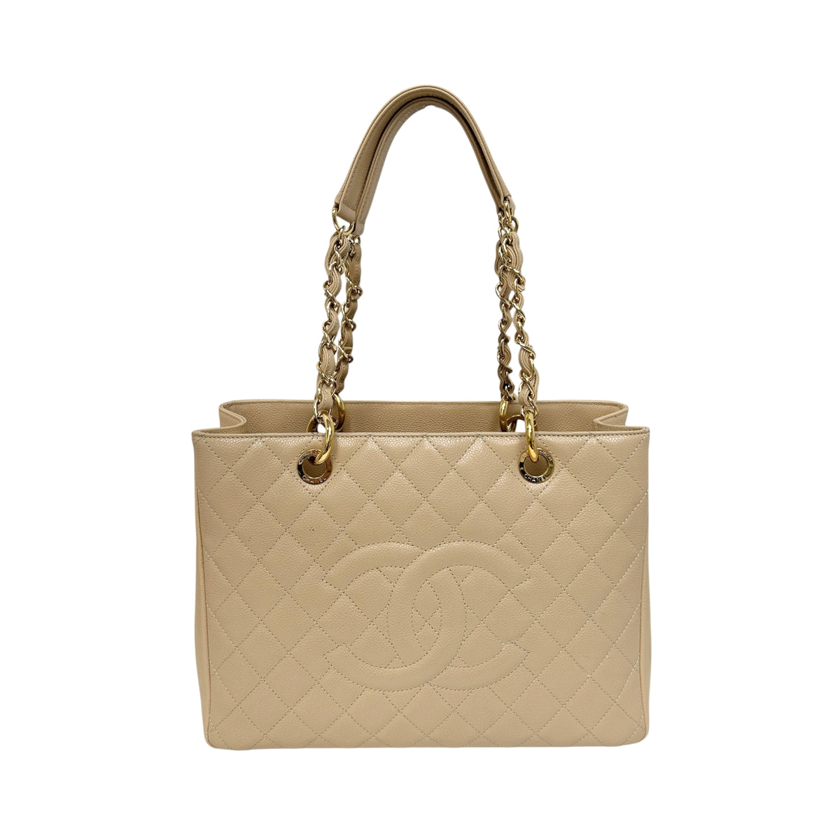 Beige Quilted Caviar Leather Grand Shopping Tote Bag w/GHW