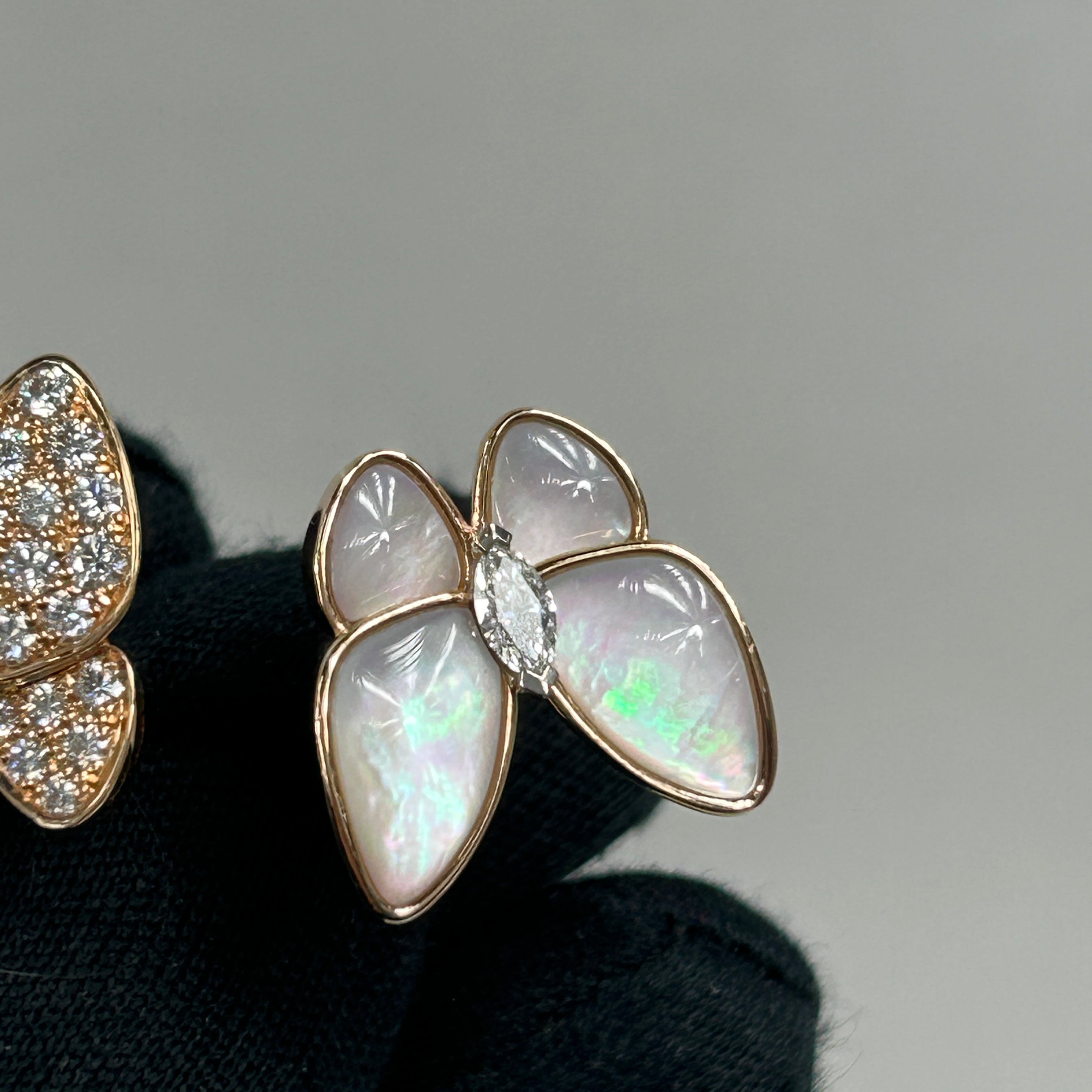 Rose Gold, White Gold, White Mother Of Pearl, Round and Marquise Diamonds Two Butterfly Between The Finger Ring