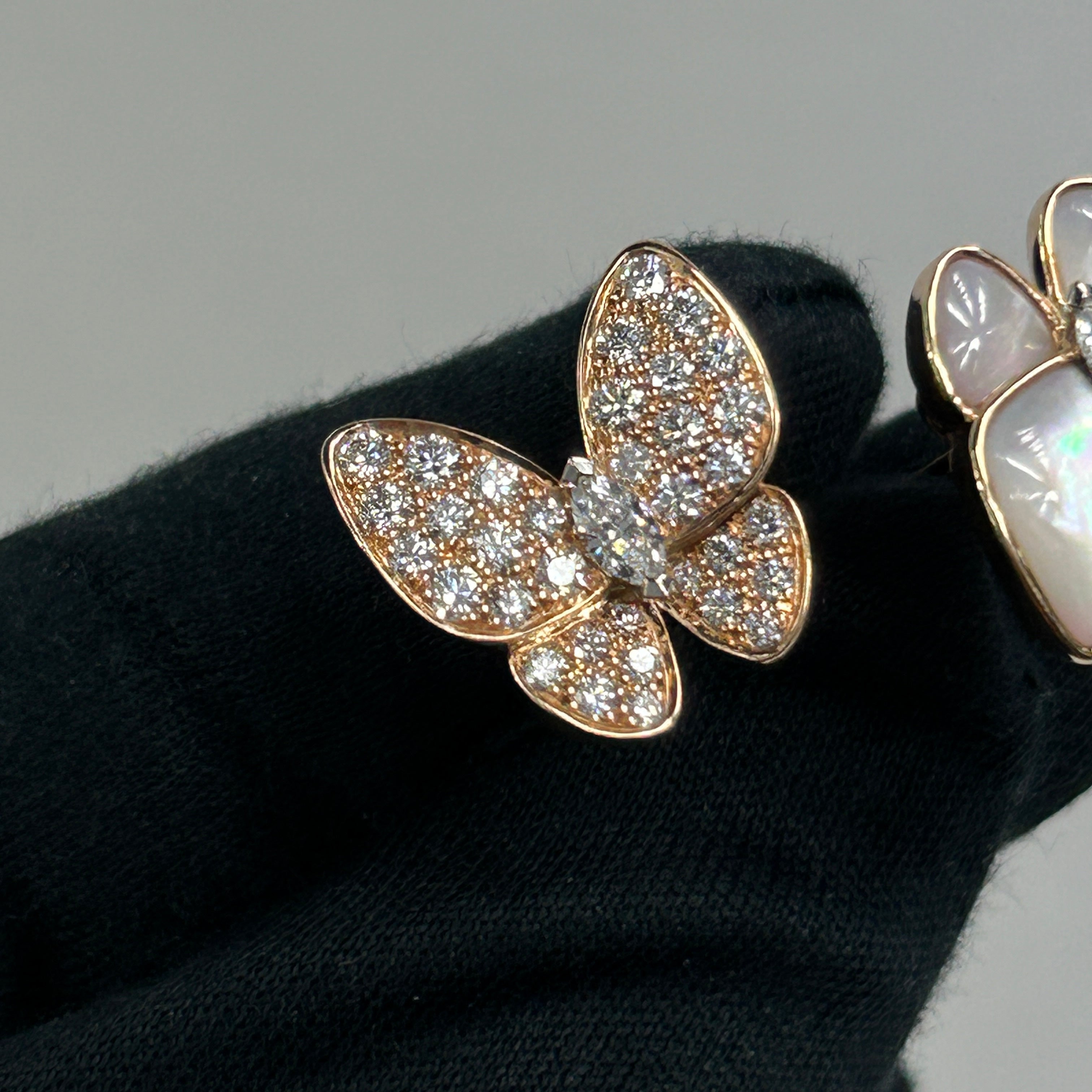 Rose Gold, White Gold, White Mother Of Pearl, Round and Marquise Diamonds Two Butterfly Between The Finger Ring