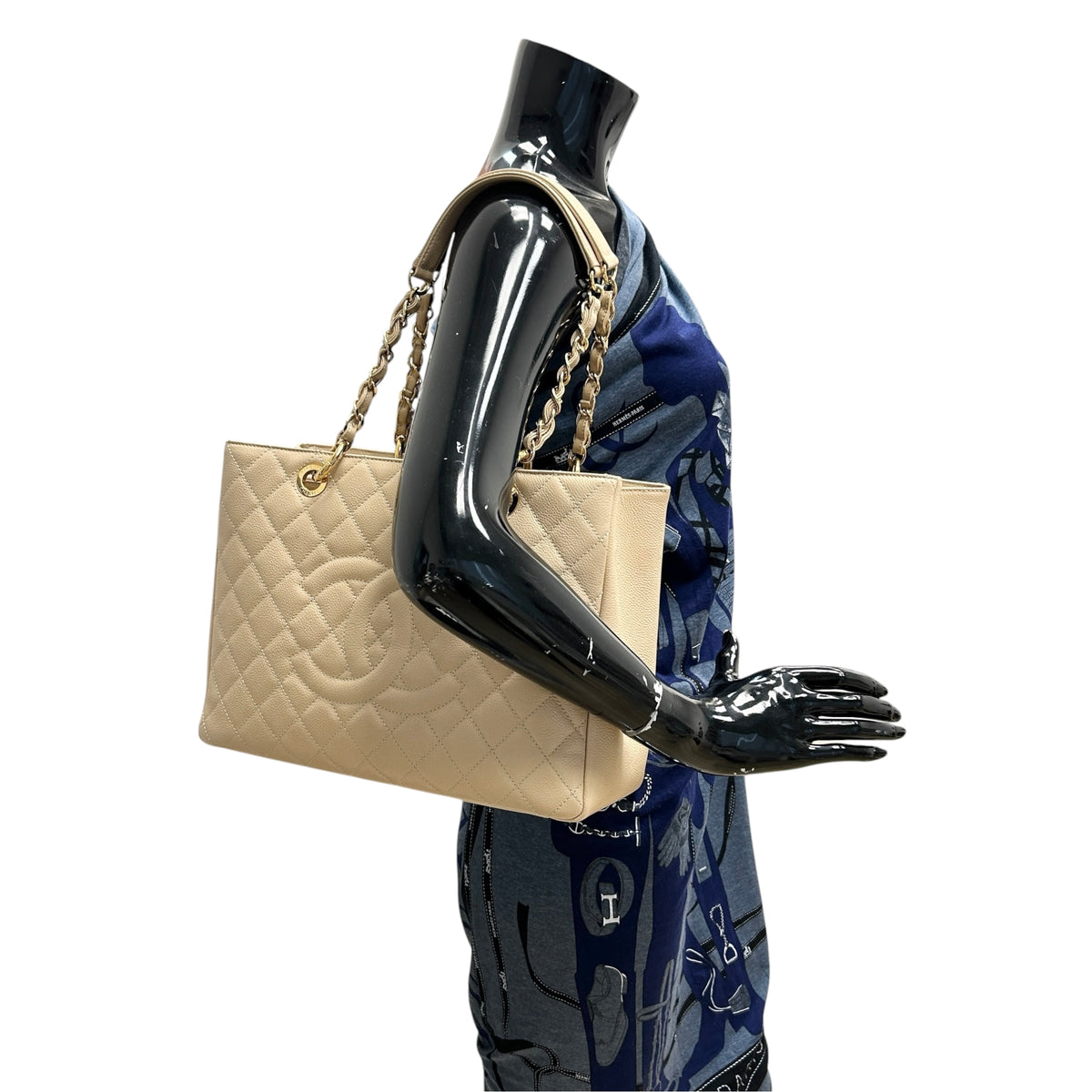 Beige Quilted Caviar Leather Grand Shopping Tote Bag w/GHW