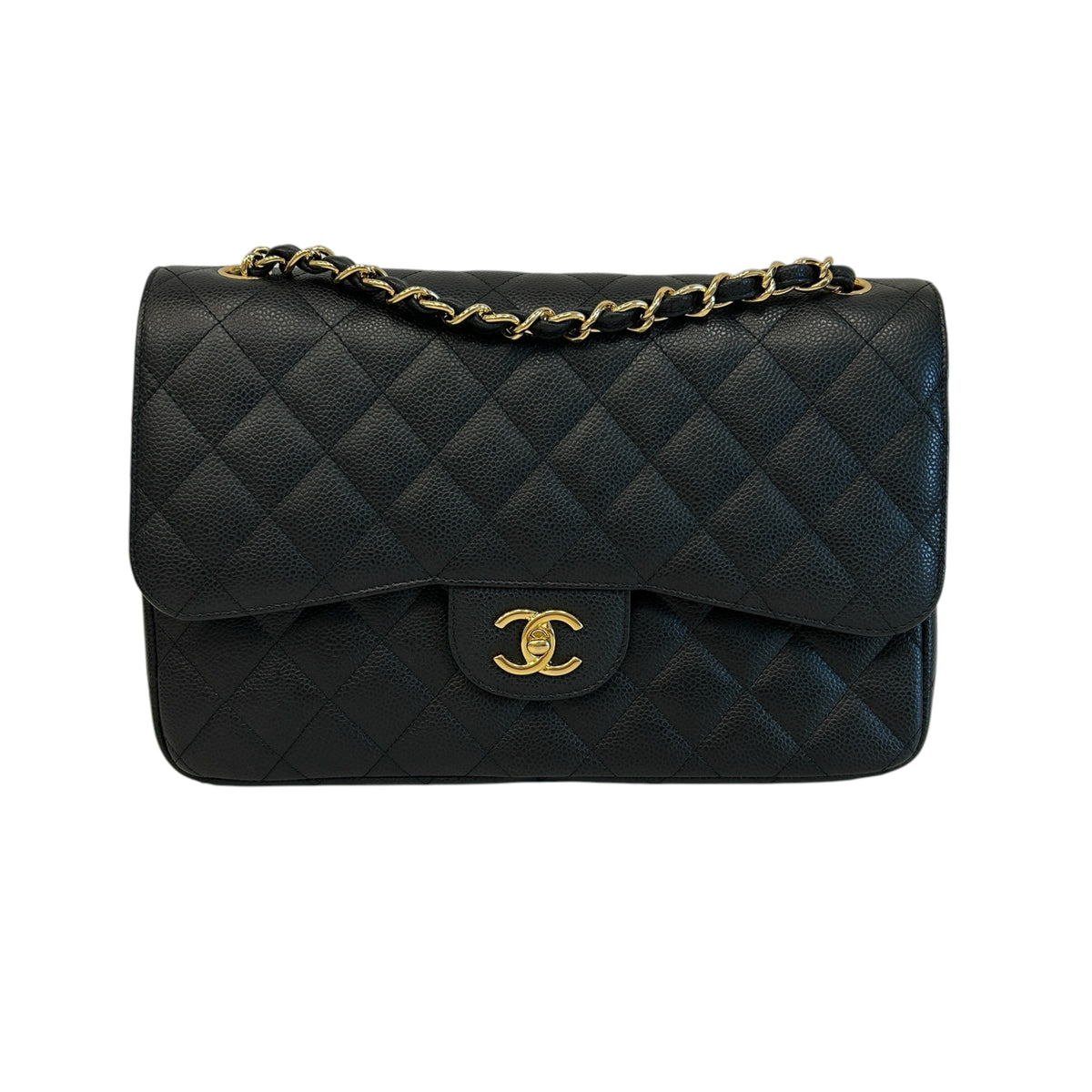 Black Caviar Leather Classic Jumbo Double Flap Bag w/GHW