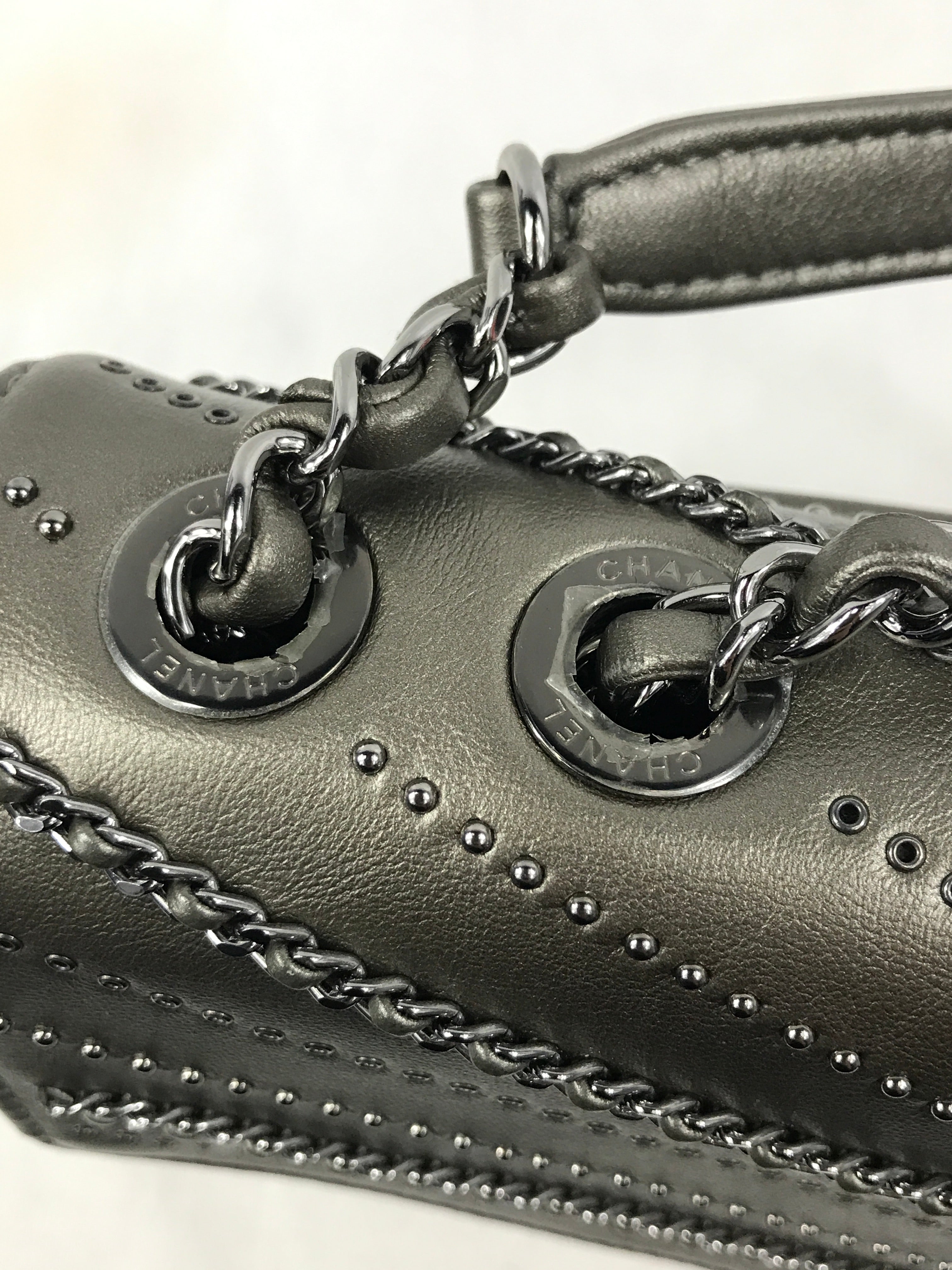 Metallic Grey Calfskin Leather Embellished Chain/Studded Chevron Flap Bag w/SHW