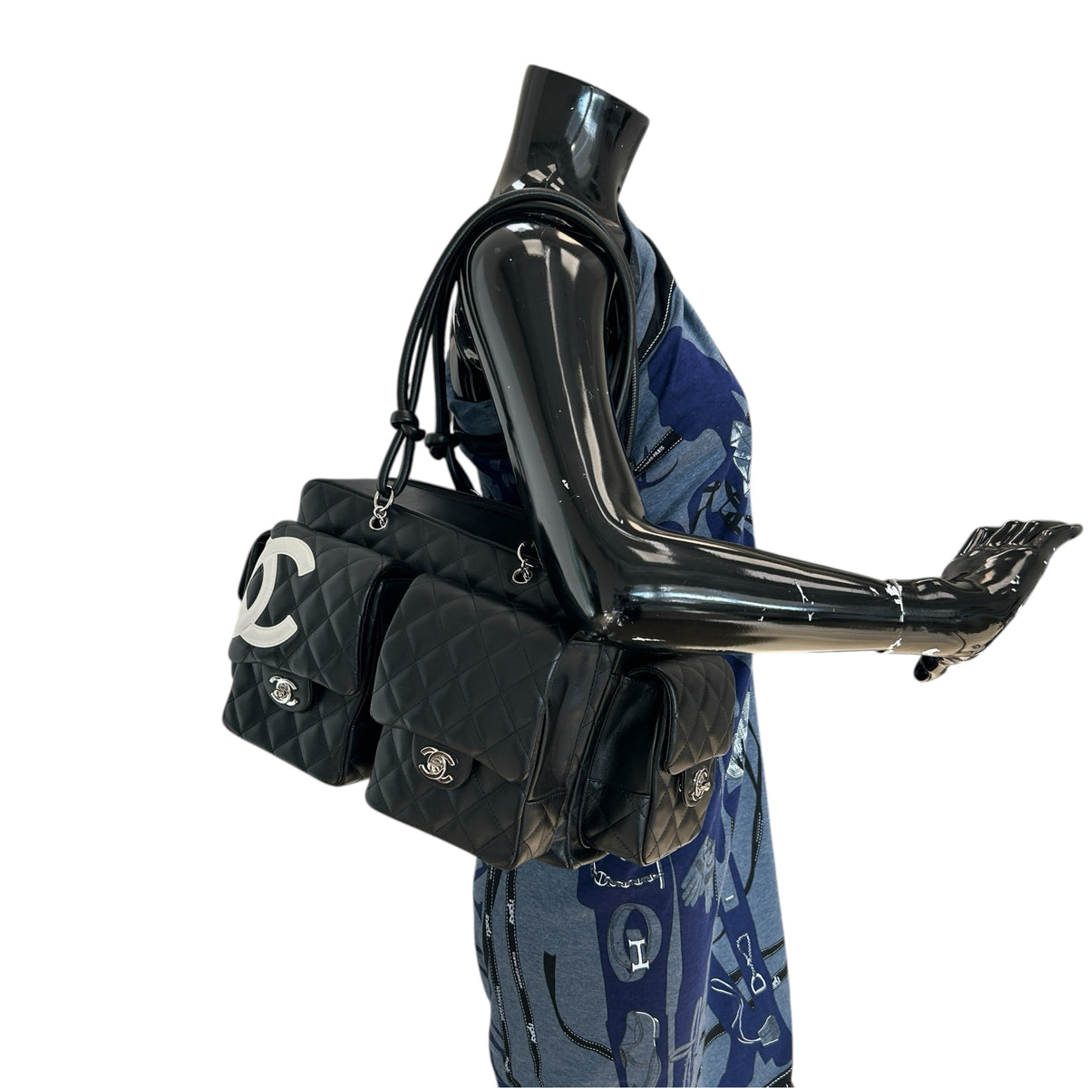 Black Quilted Leather Ligne Cambon Reporter Bag w/SHW
