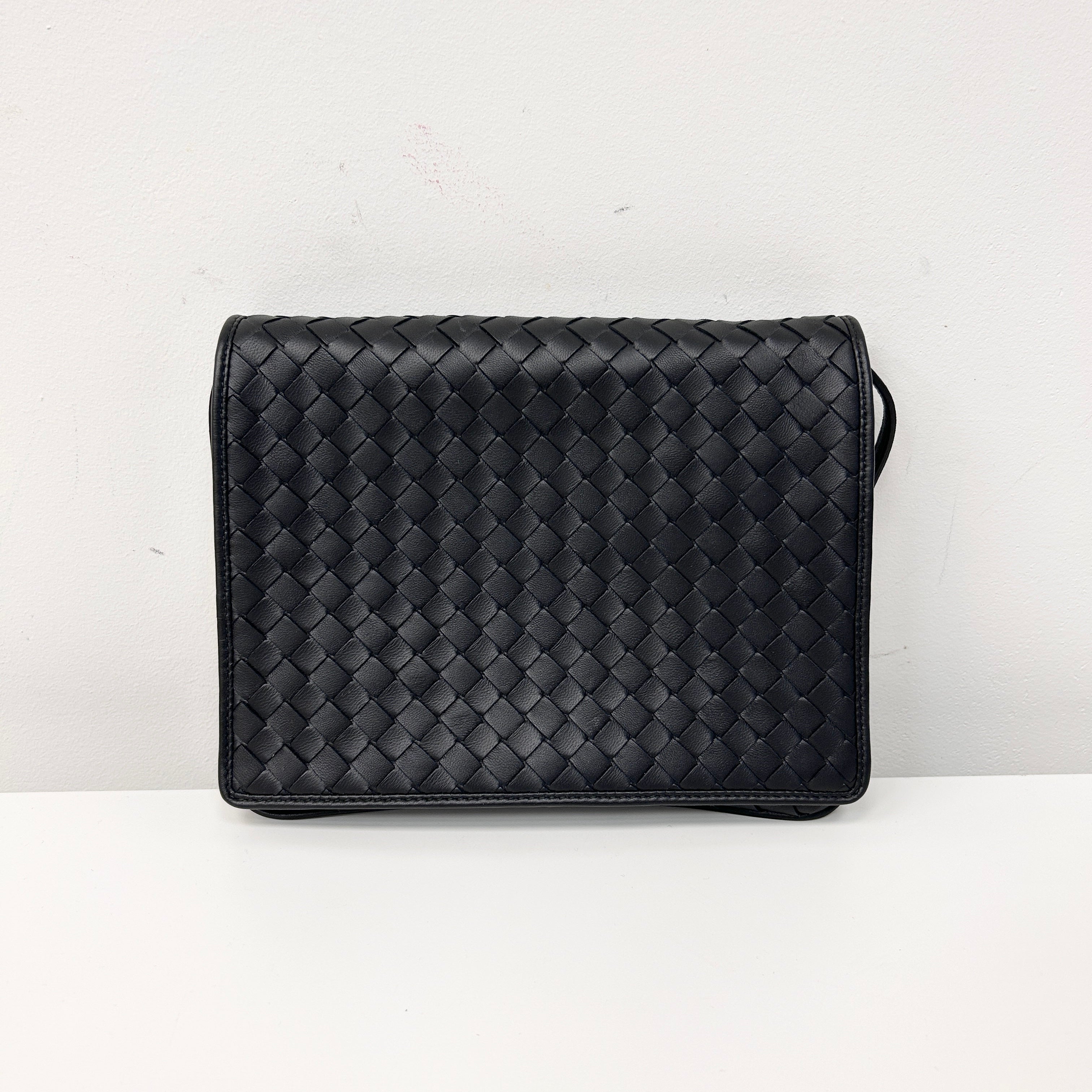 Black Intrecciato Woven Nappa Leather Flap Crossbody Bag w/Gunmetal HW