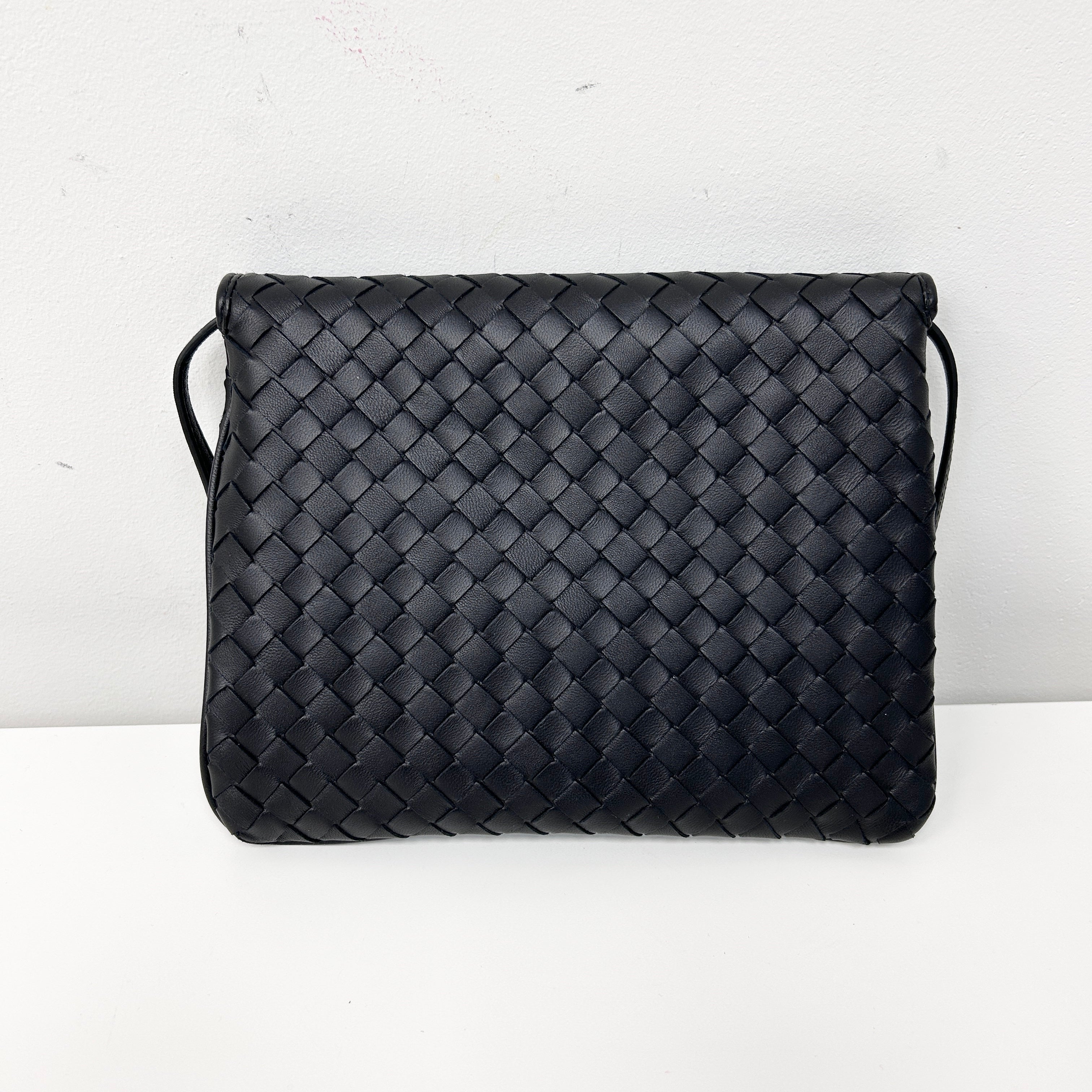 Black Intrecciato Woven Nappa Leather Flap Crossbody Bag w/Gunmetal HW