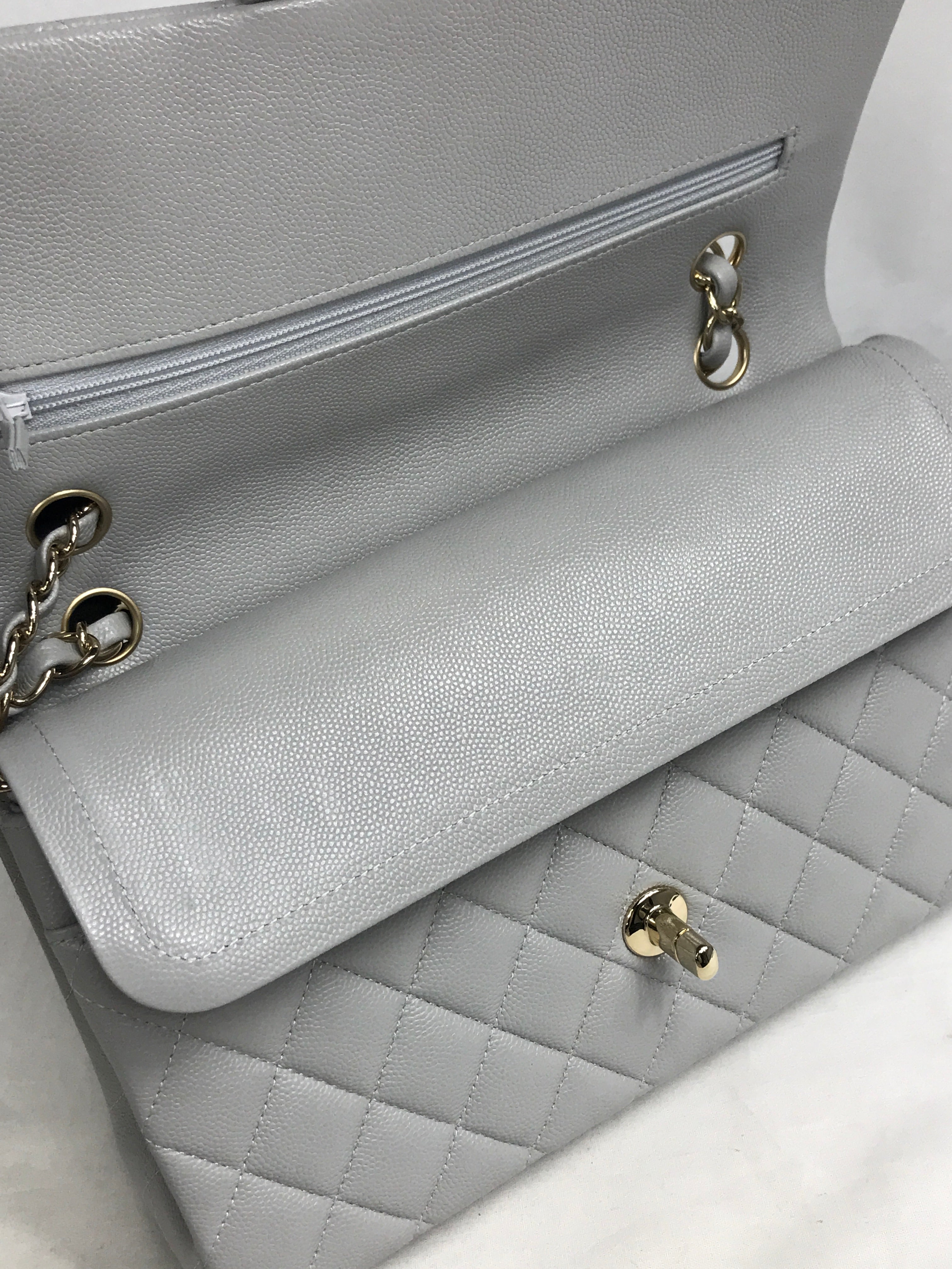 Dove Grey Quilted Caviar Leather Double Flap Medium w/GHW