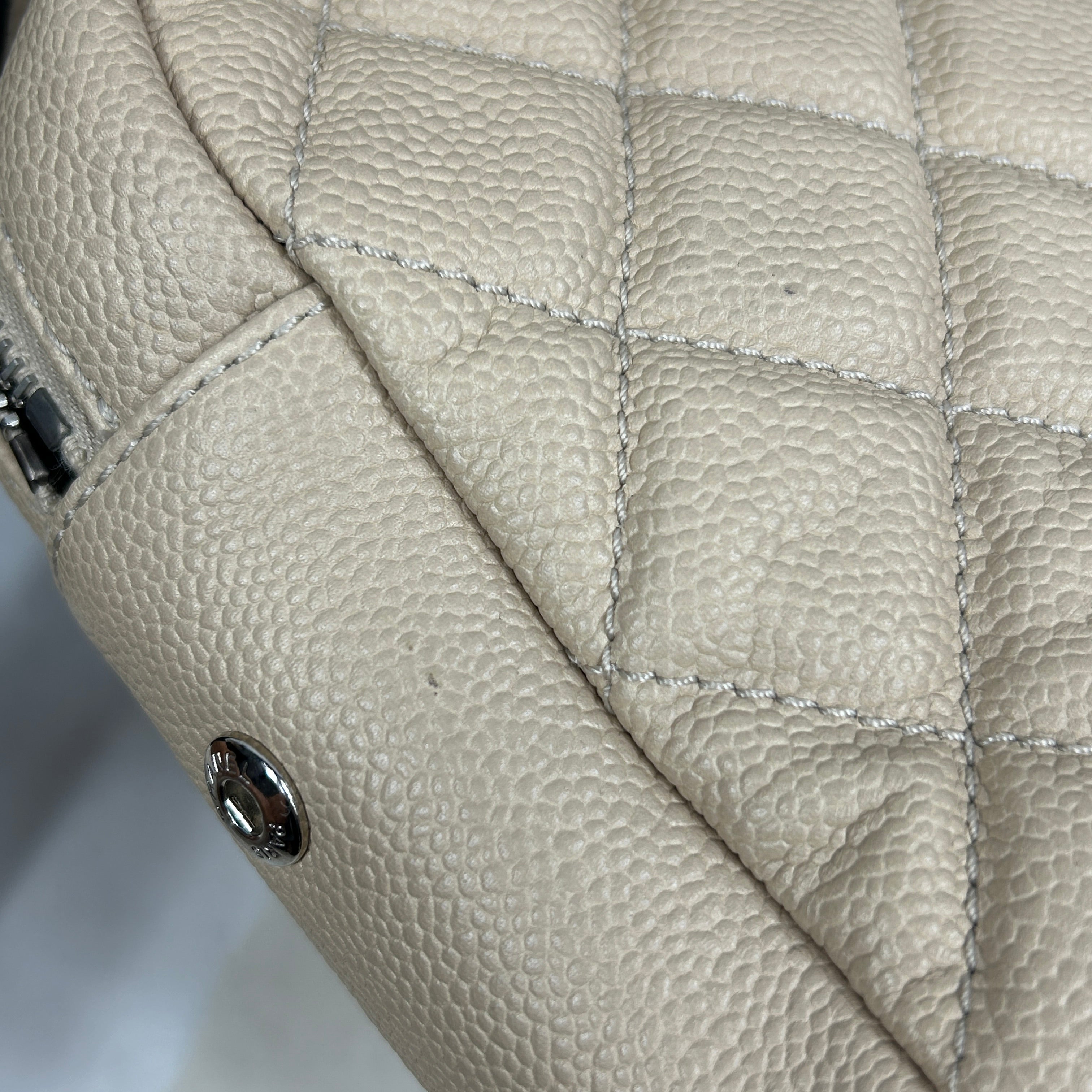 Beige Caviar Quilted Jumbo Classic Easy Flap Bag w/SHW