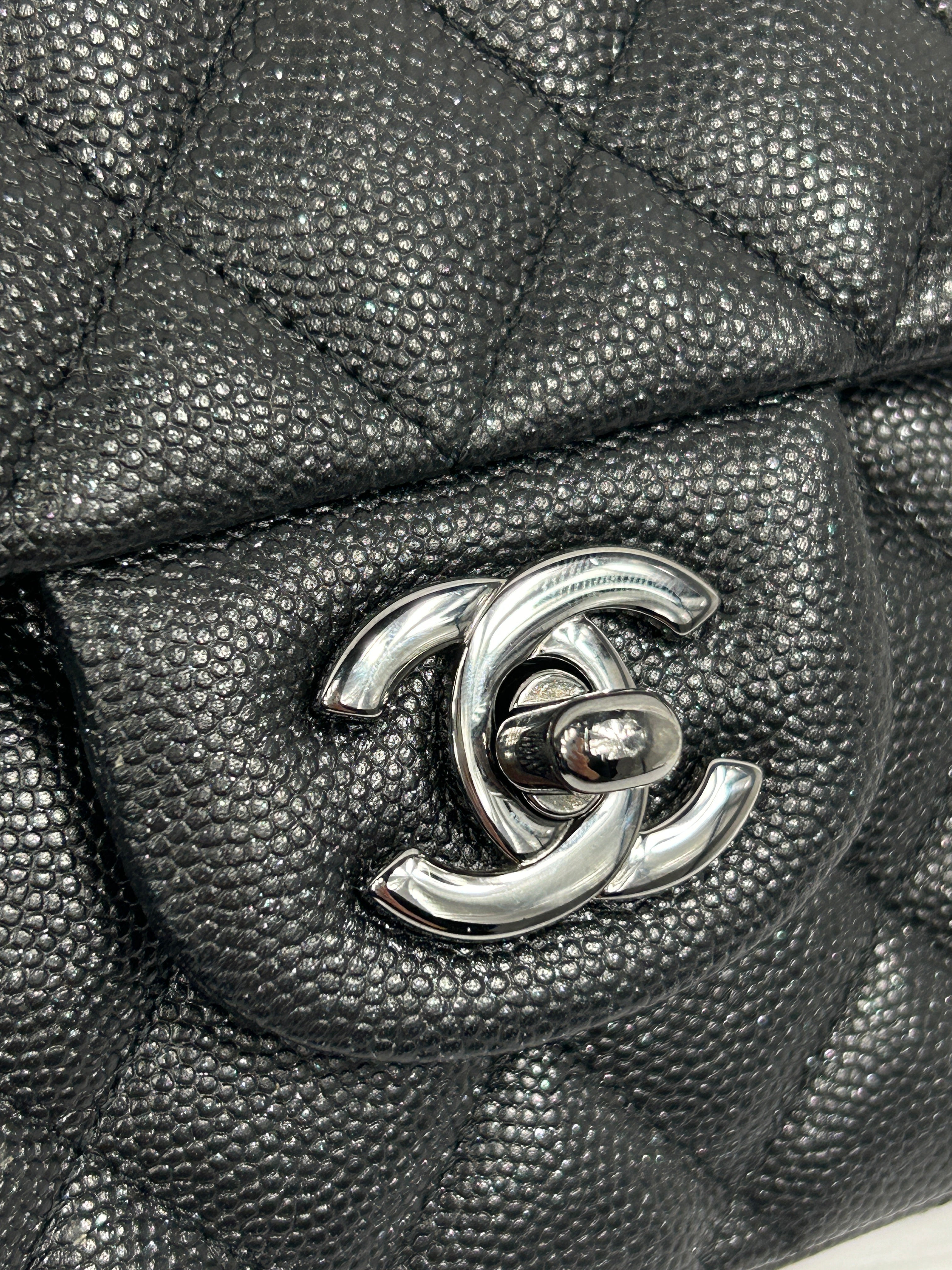 Black Caviar Glitter Quilted Leather Double Classic Flap w/RHW