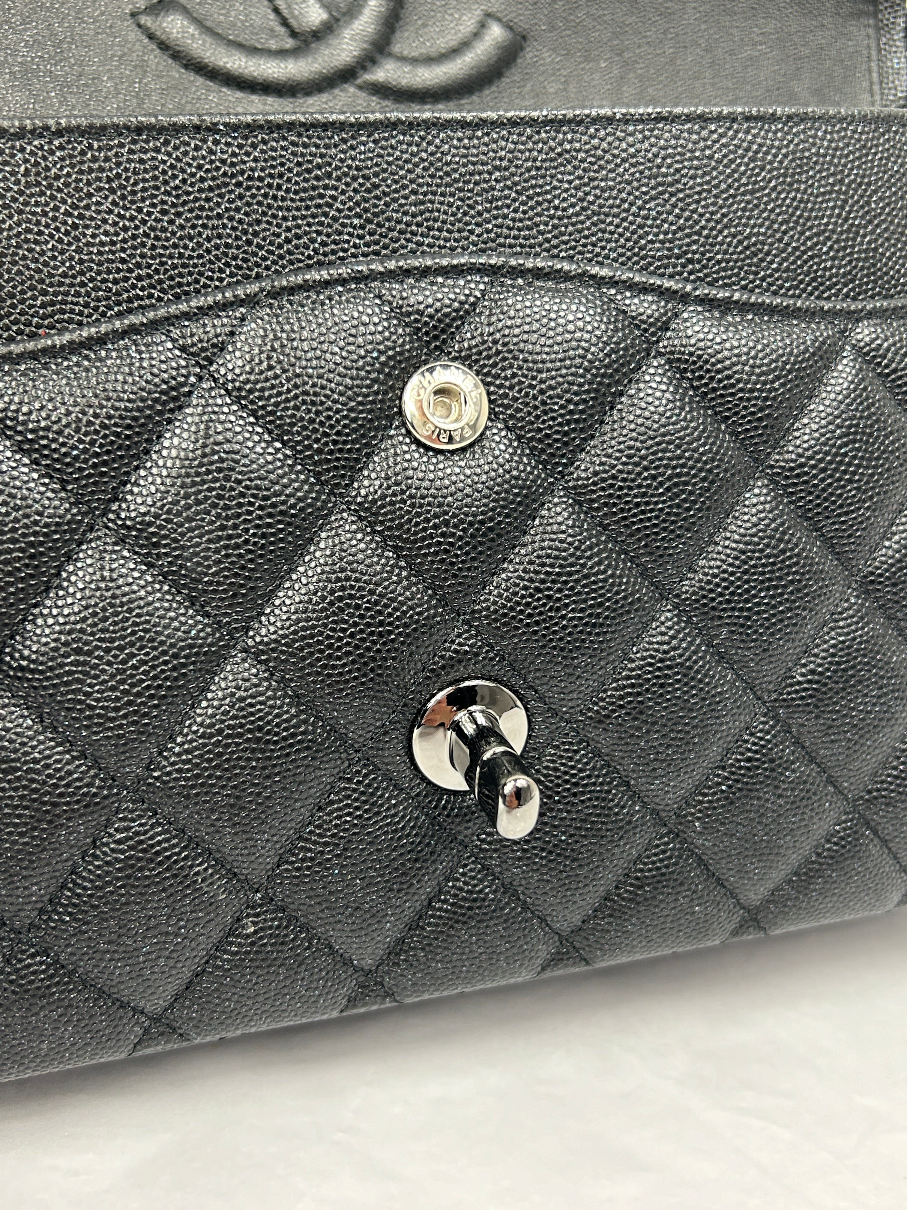 Black Caviar Glitter Quilted Leather Double Classic Flap w/RHW