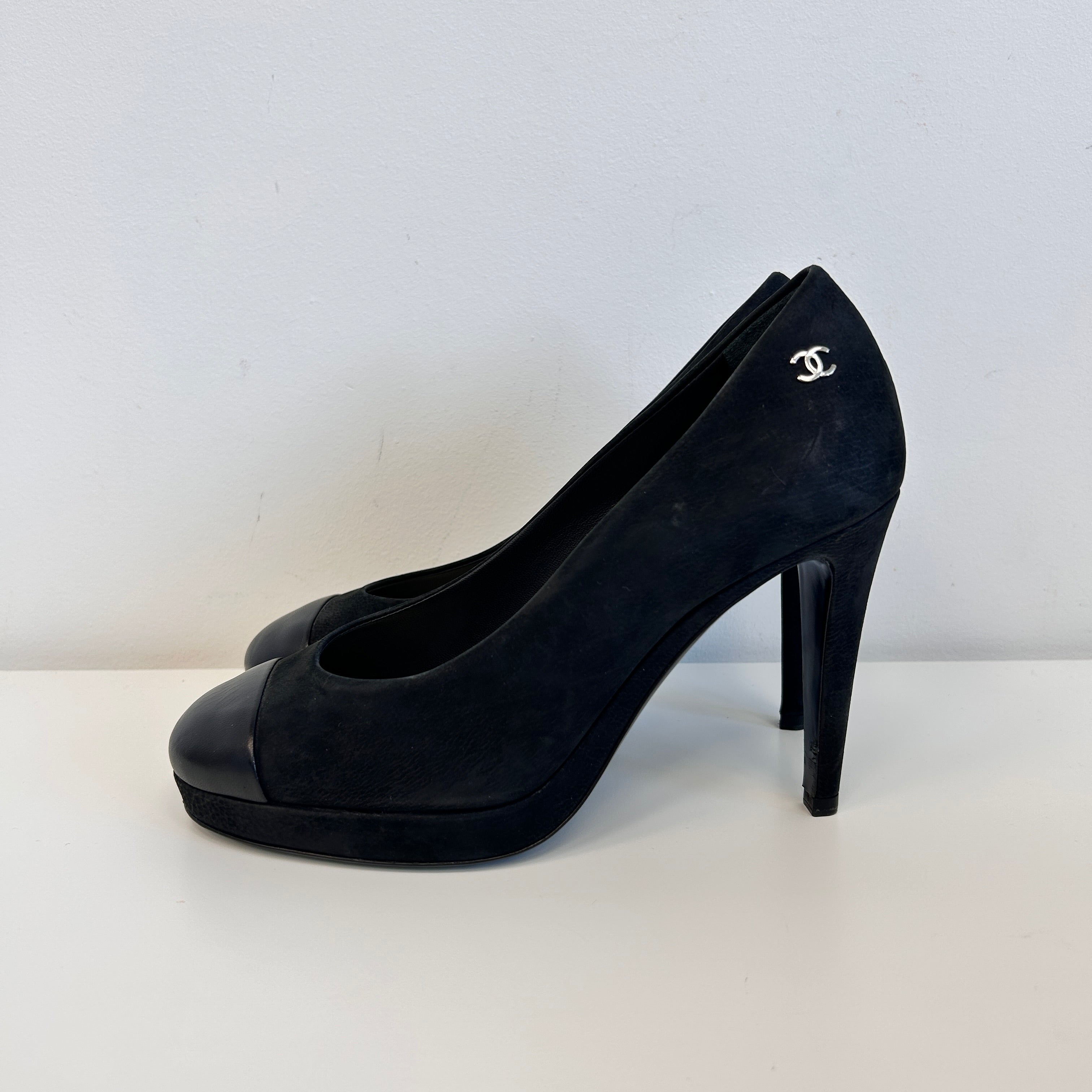Black Suede/Leather Toe Cap Pumps - Haute Classics