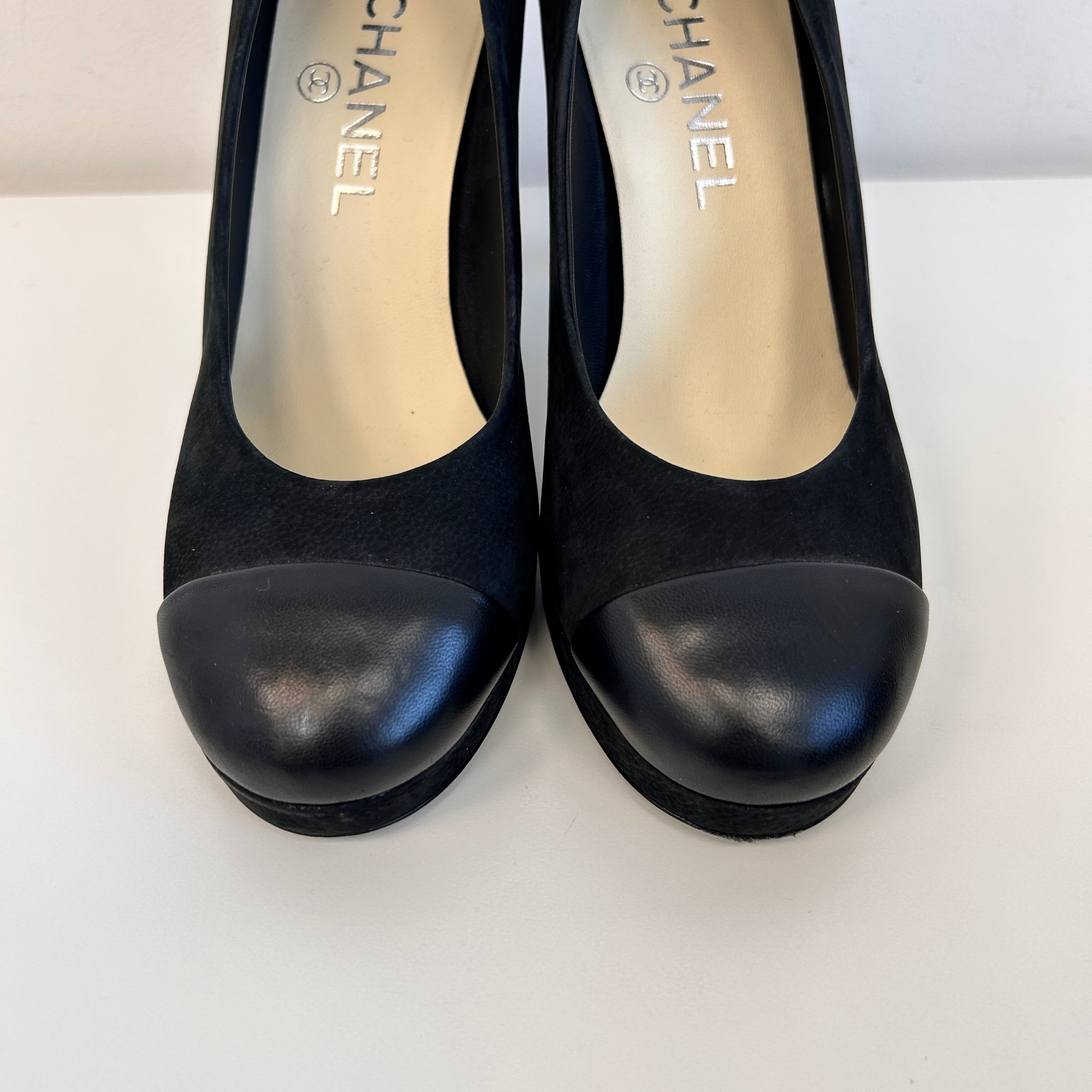 Black Suede/Leather Toe Cap Pumps - Haute Classics