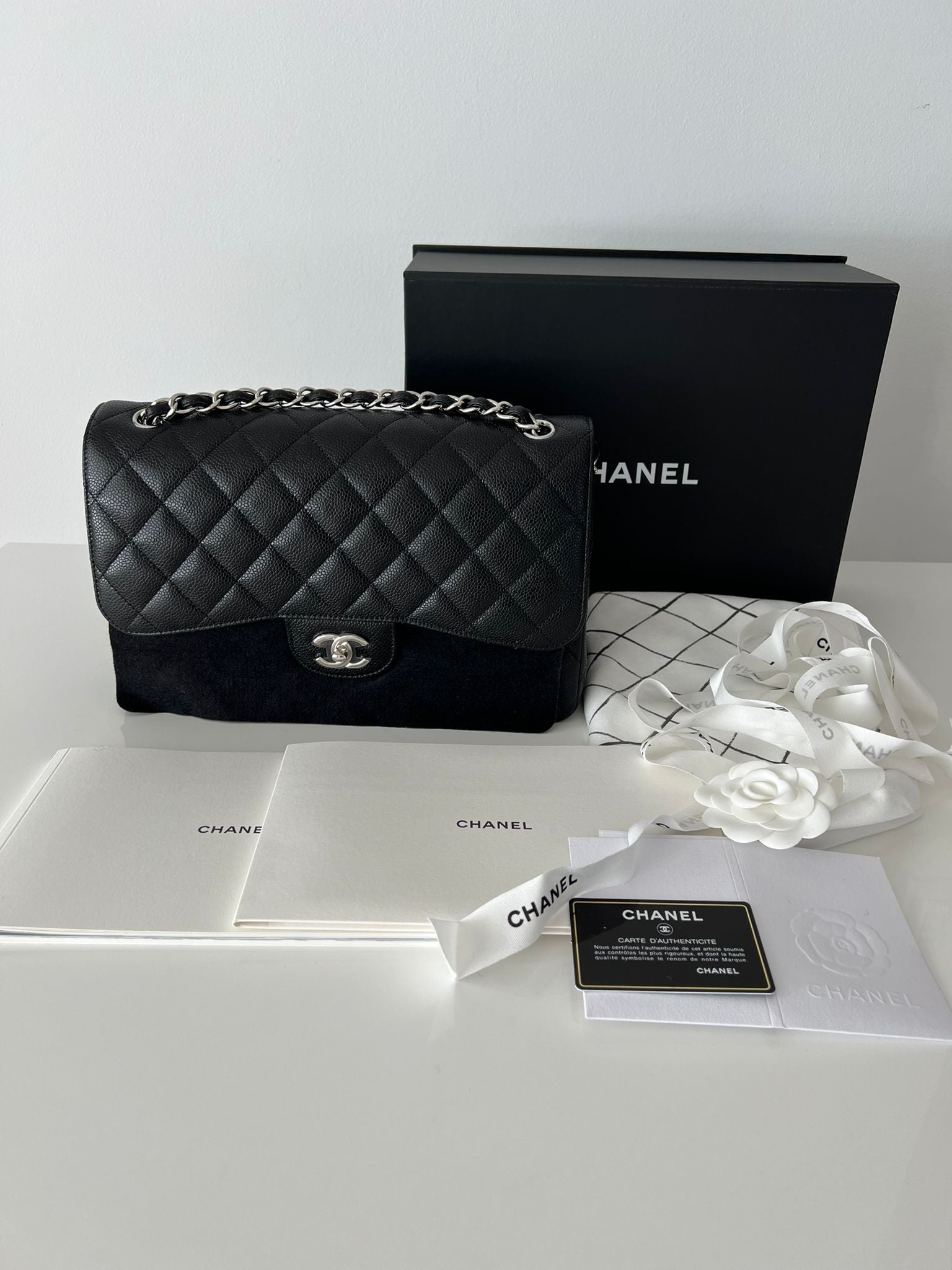 Black Caviar Quilted Jumbo Double Flap Bag W/SHW