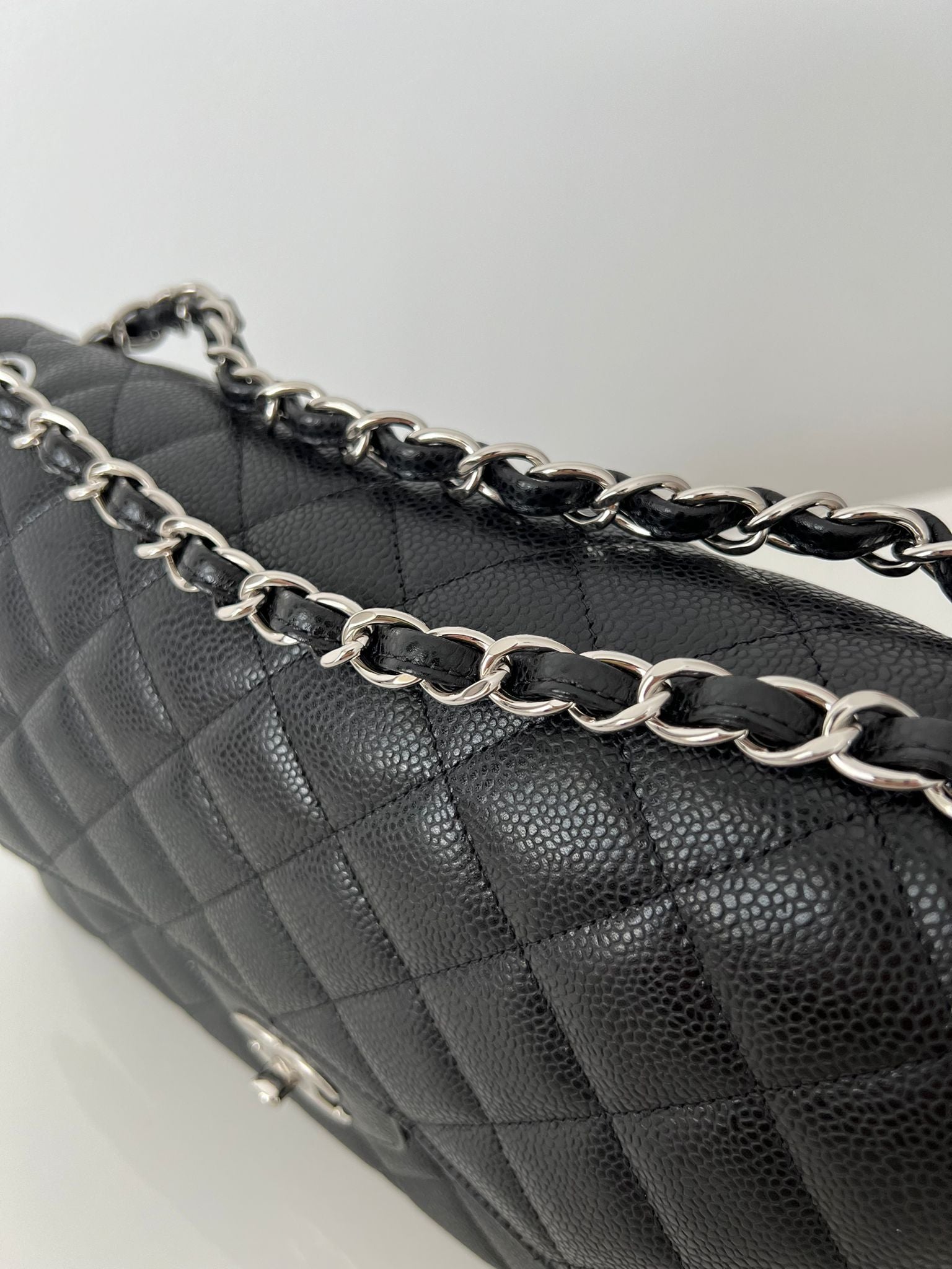 Black Caviar Quilted Jumbo Double Flap Bag W/SHW