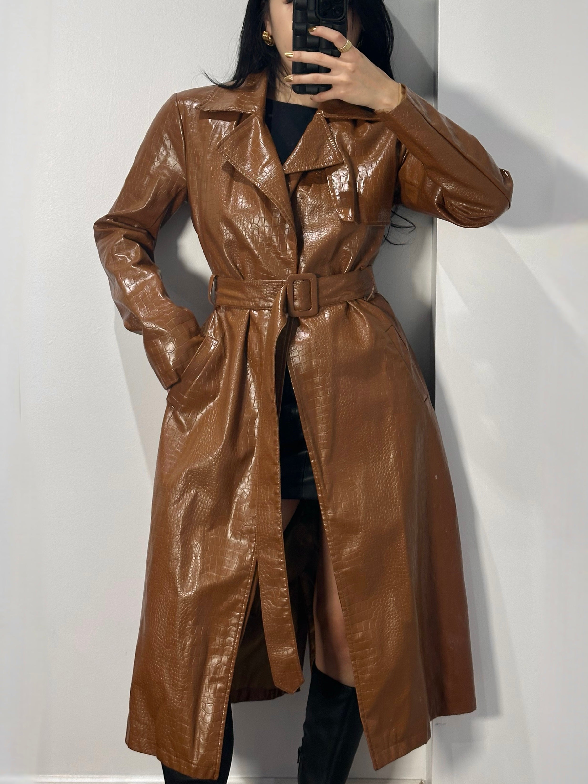 MISSGUIDED Tall Camel Faux Patent Leather Croc Embossed Belted Trench Coat