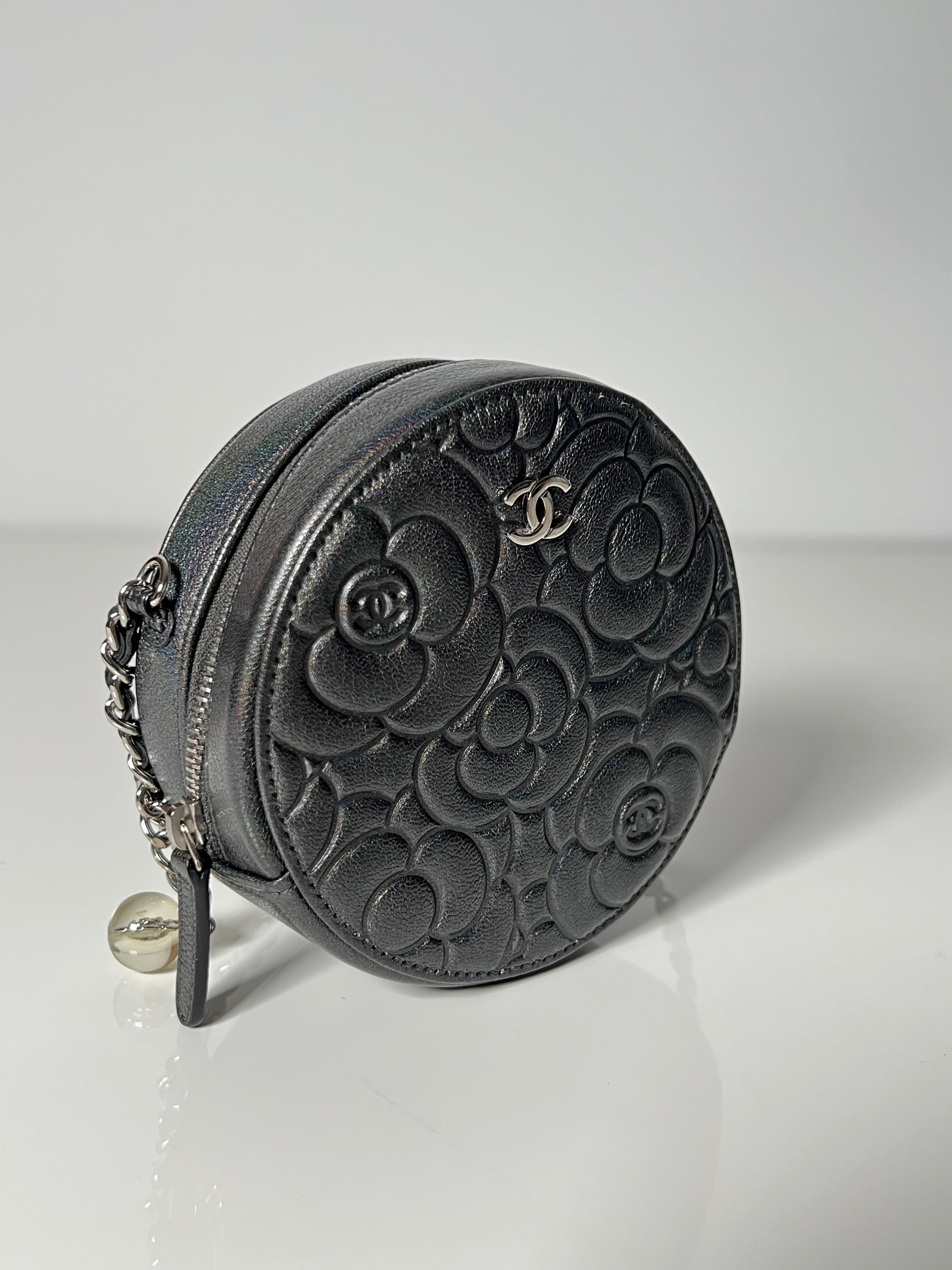 Grey Iridescent Goatskin Camelia Round Vanity Bag w/SHW