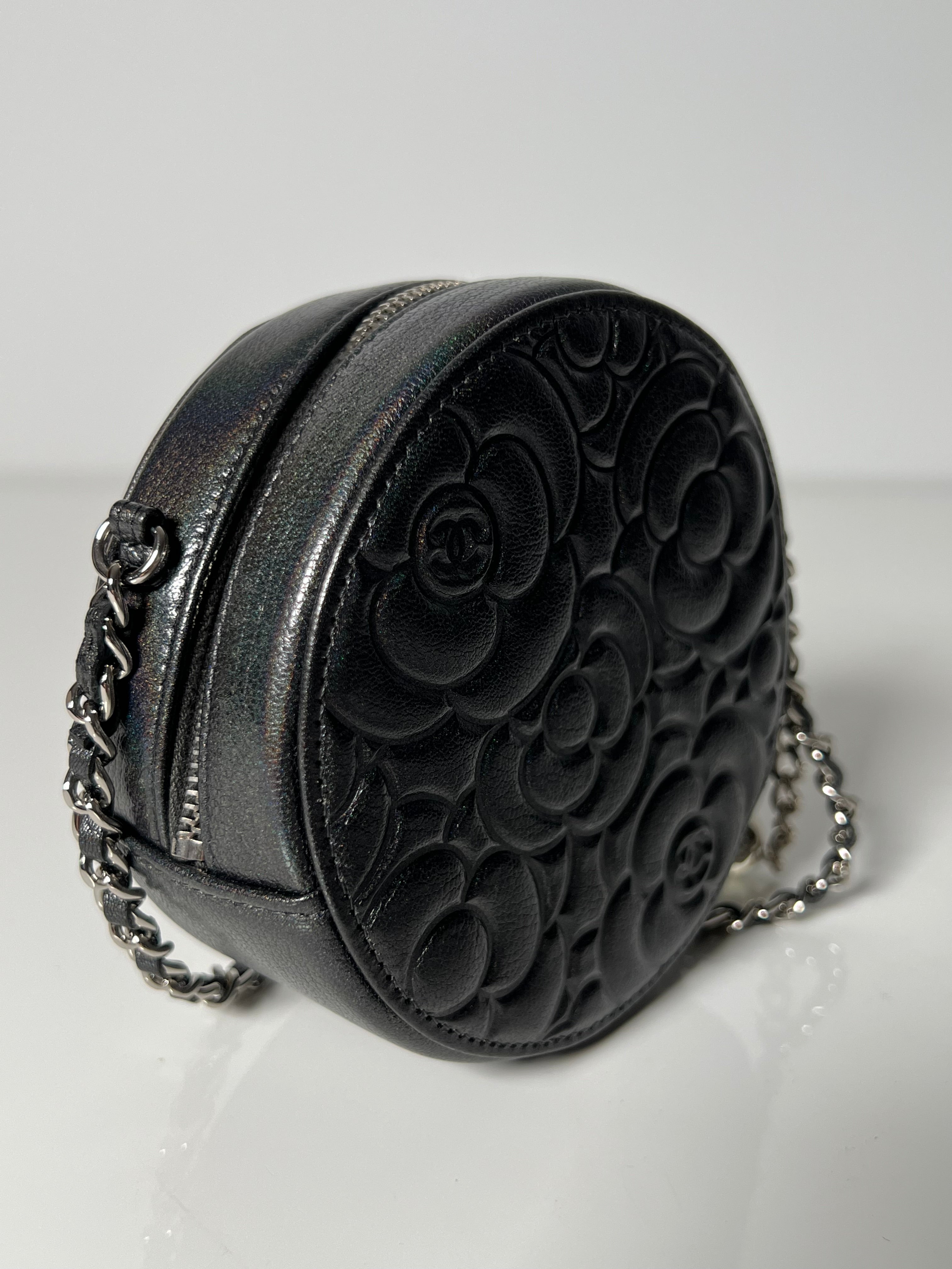 Grey Iridescent Goatskin Camelia Round Vanity Bag w/SHW