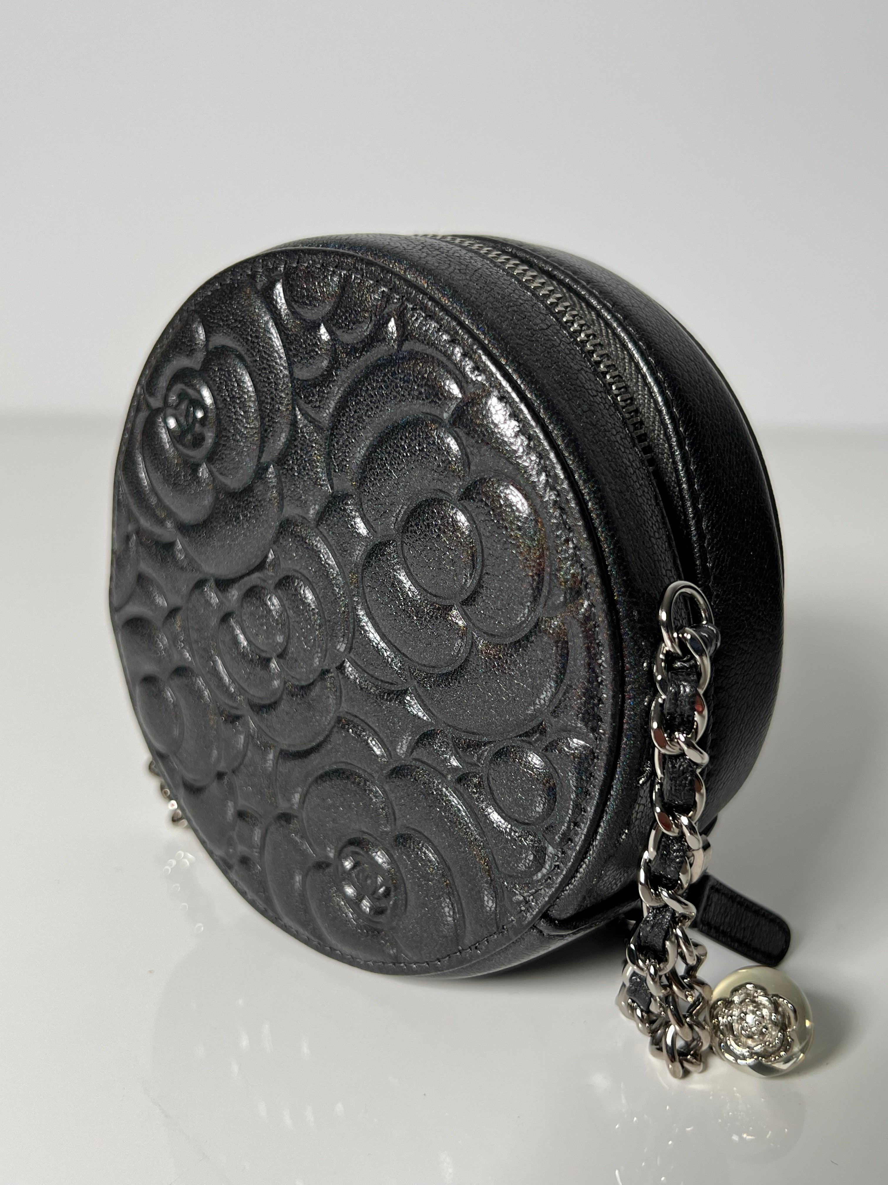 Grey Iridescent Goatskin Camelia Round Vanity Bag w/SHW