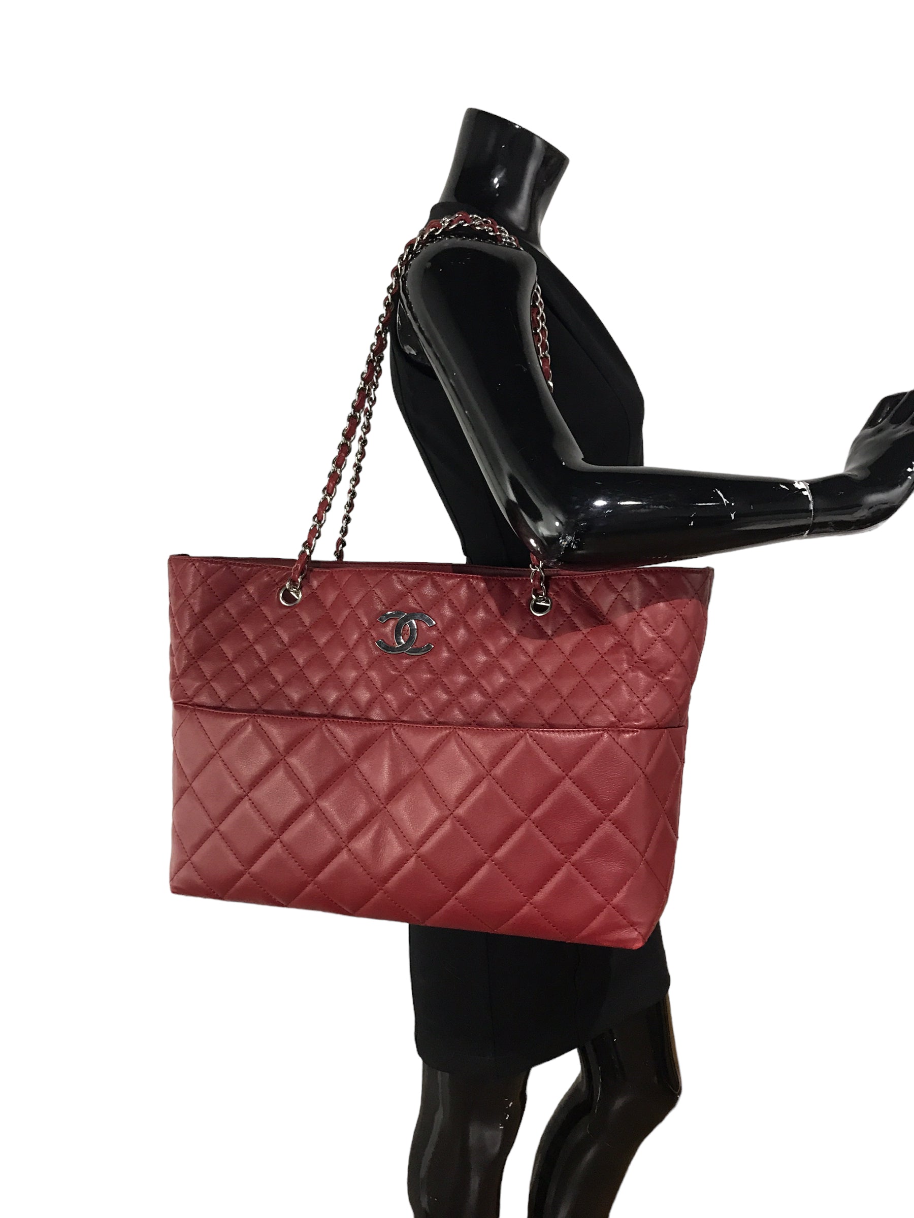 Red Calfskin Quilted Shopping Tote W/SHW